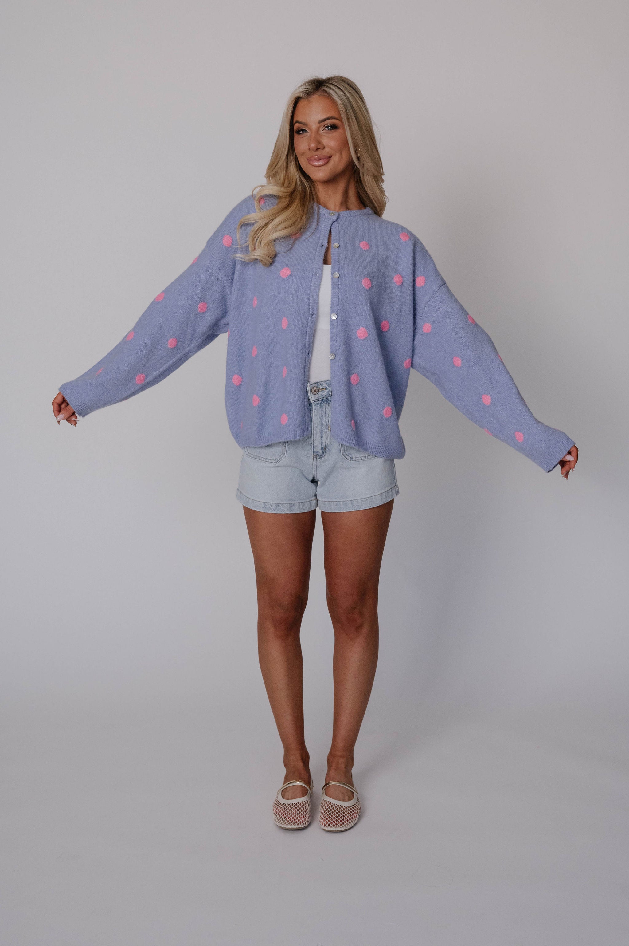 Corey Polka Dot Cardigan-Light Blue/Pink