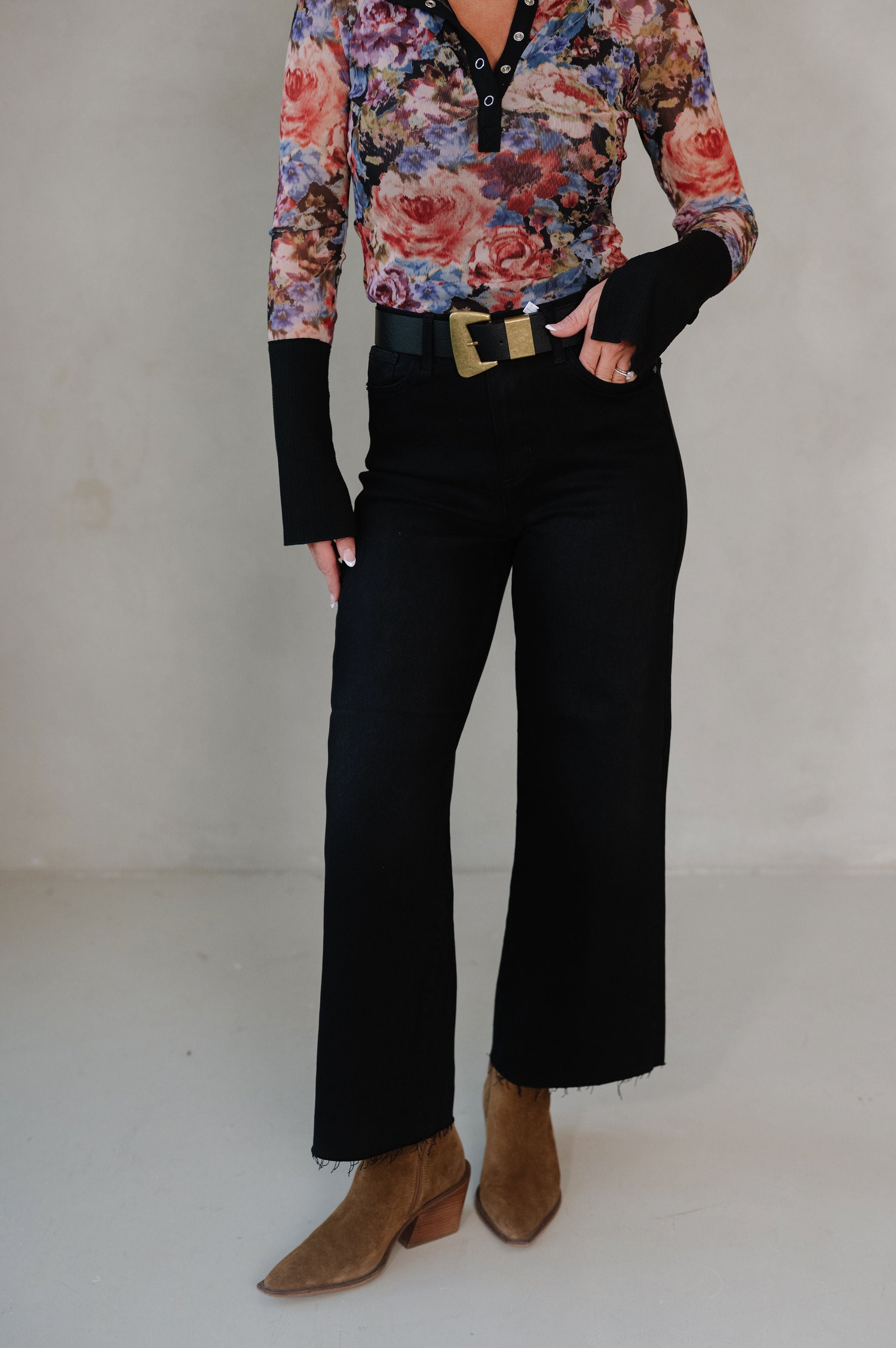 Bri Raw Hem Wide Leg Jeans-Wash Black