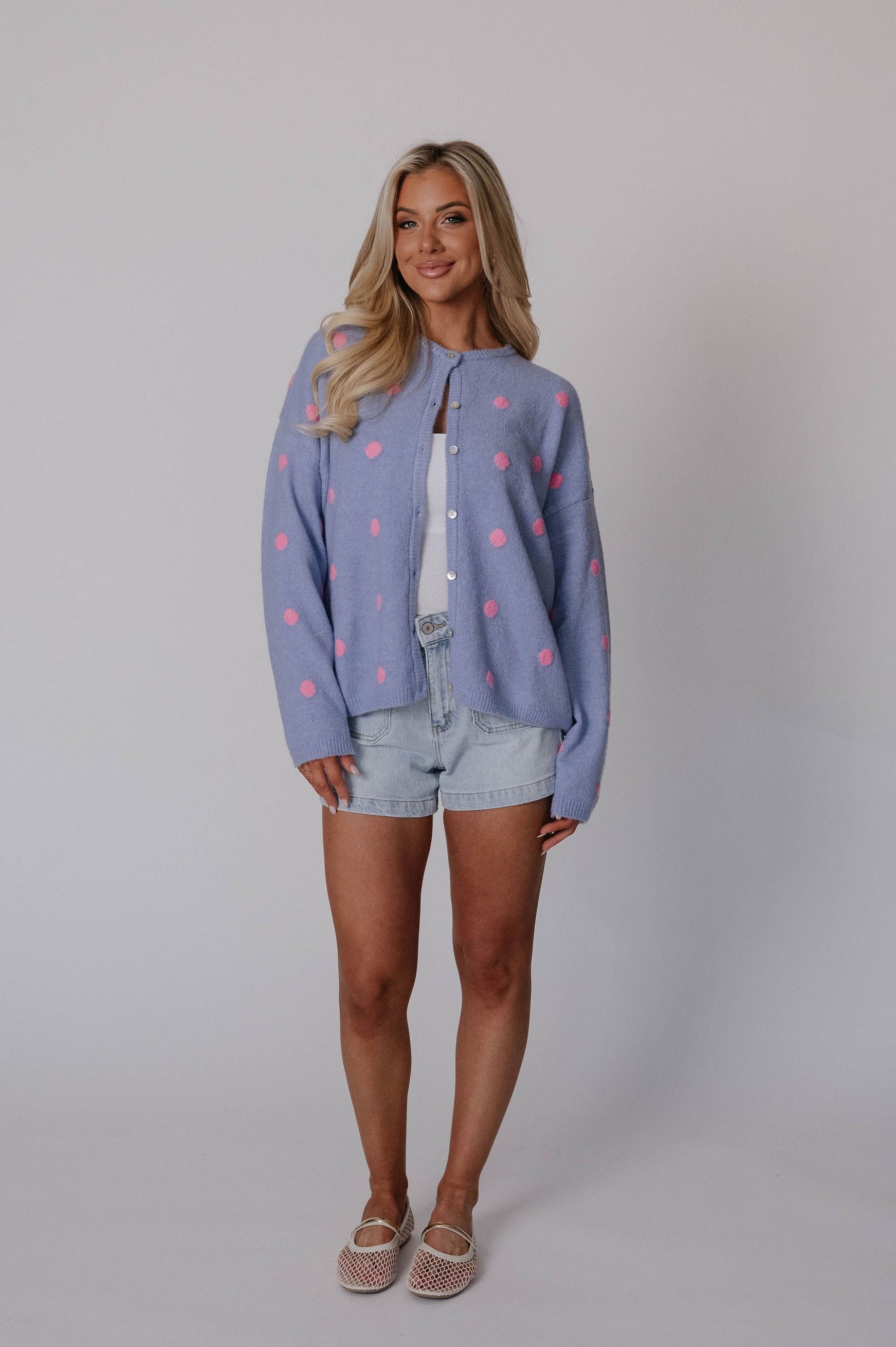 Corey Polka Dot Cardigan-Light Blue/Pink
