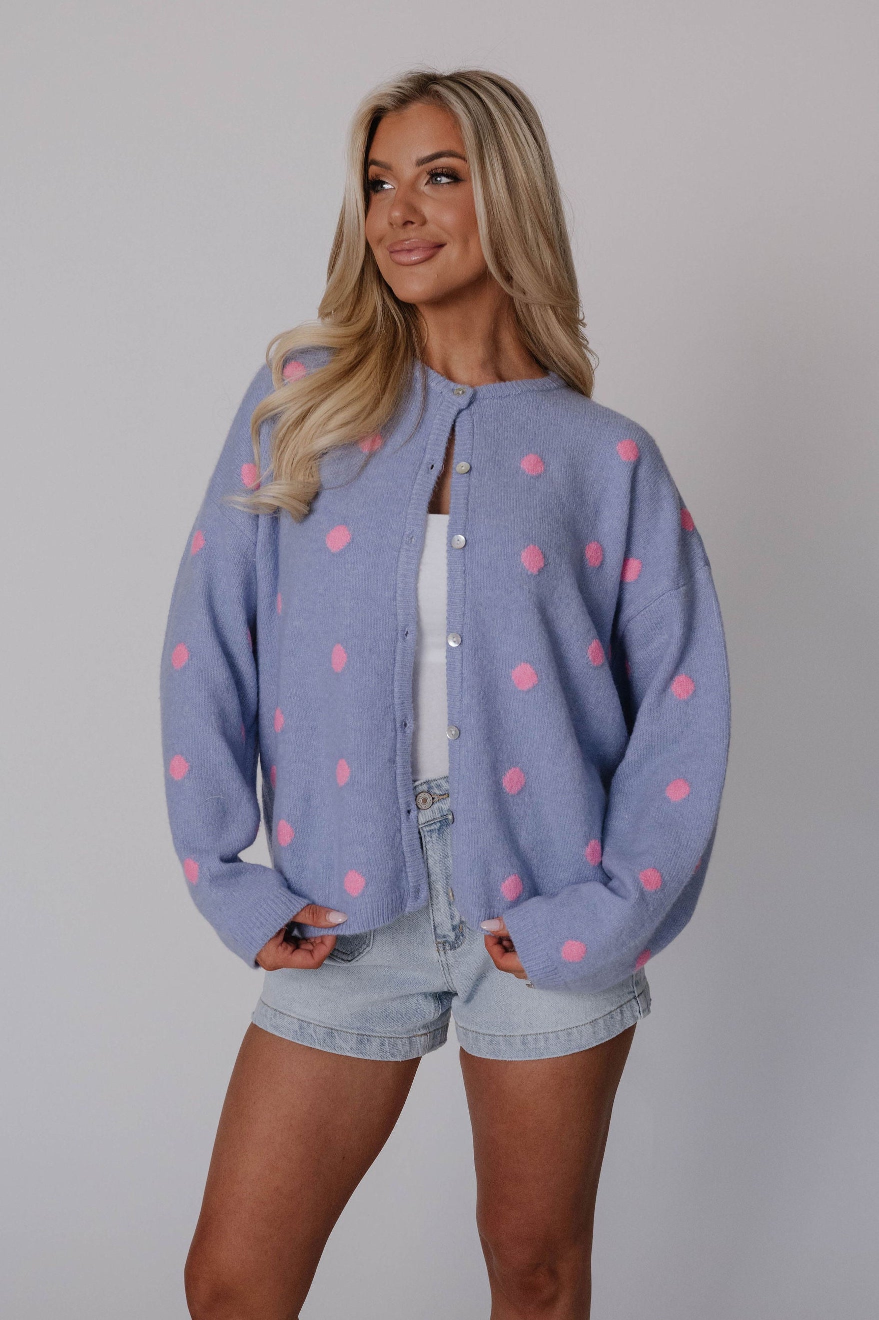Corey Polka Dot Cardigan-Light Blue/Pink