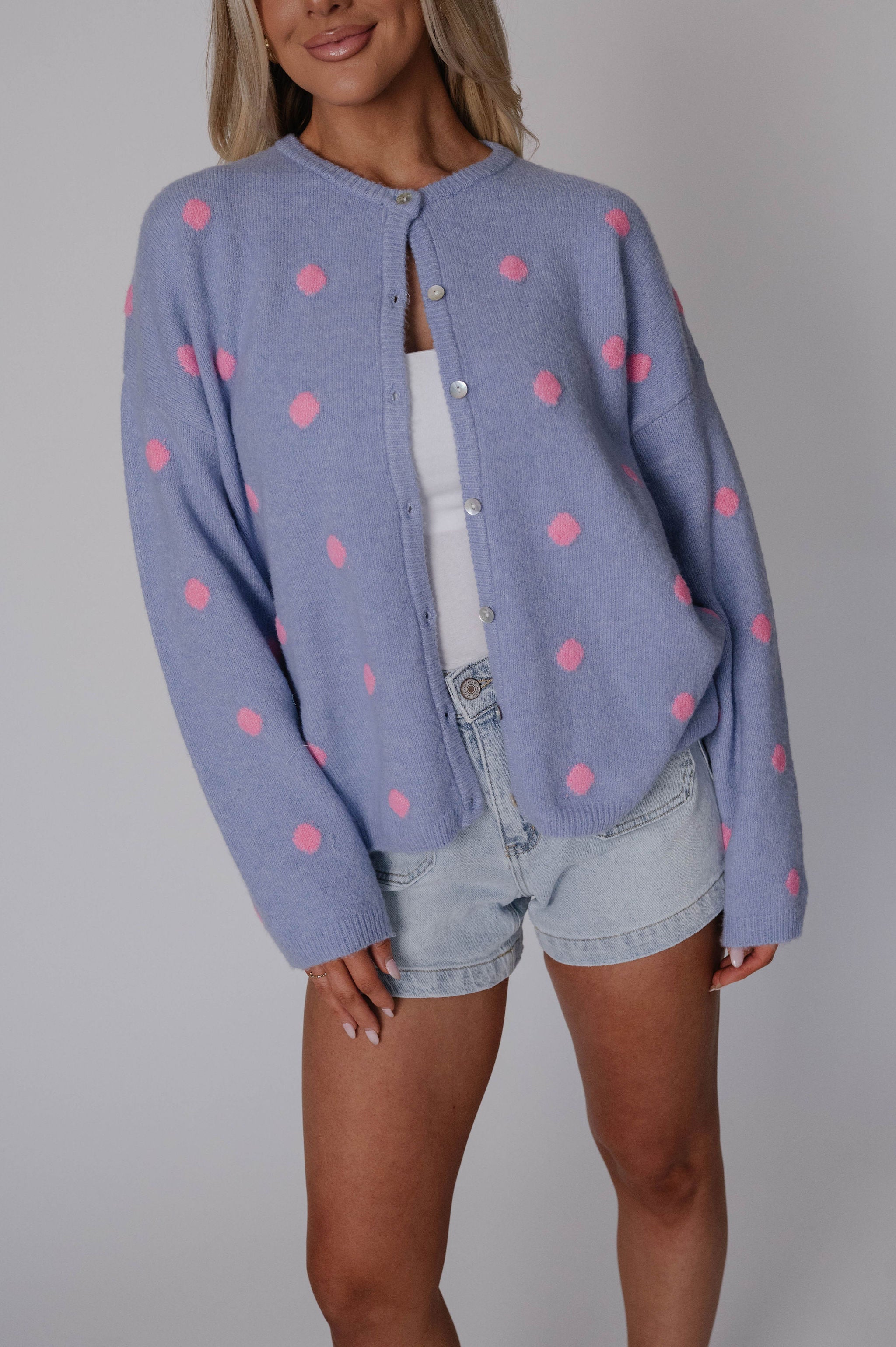 Corey Polka Dot Cardigan-Light Blue/Pink