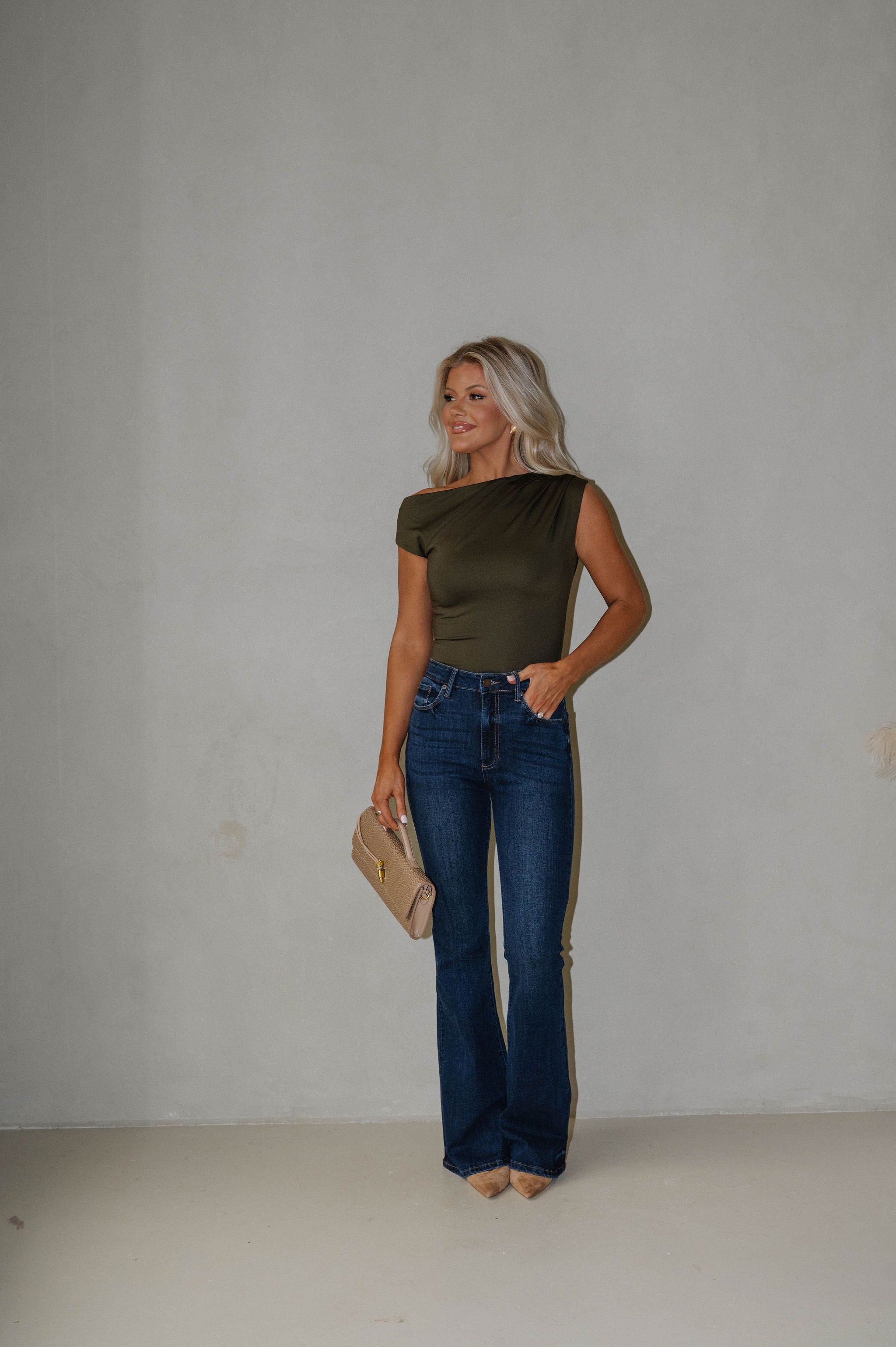 Asymmetrical Drape Bodysuit-Olive