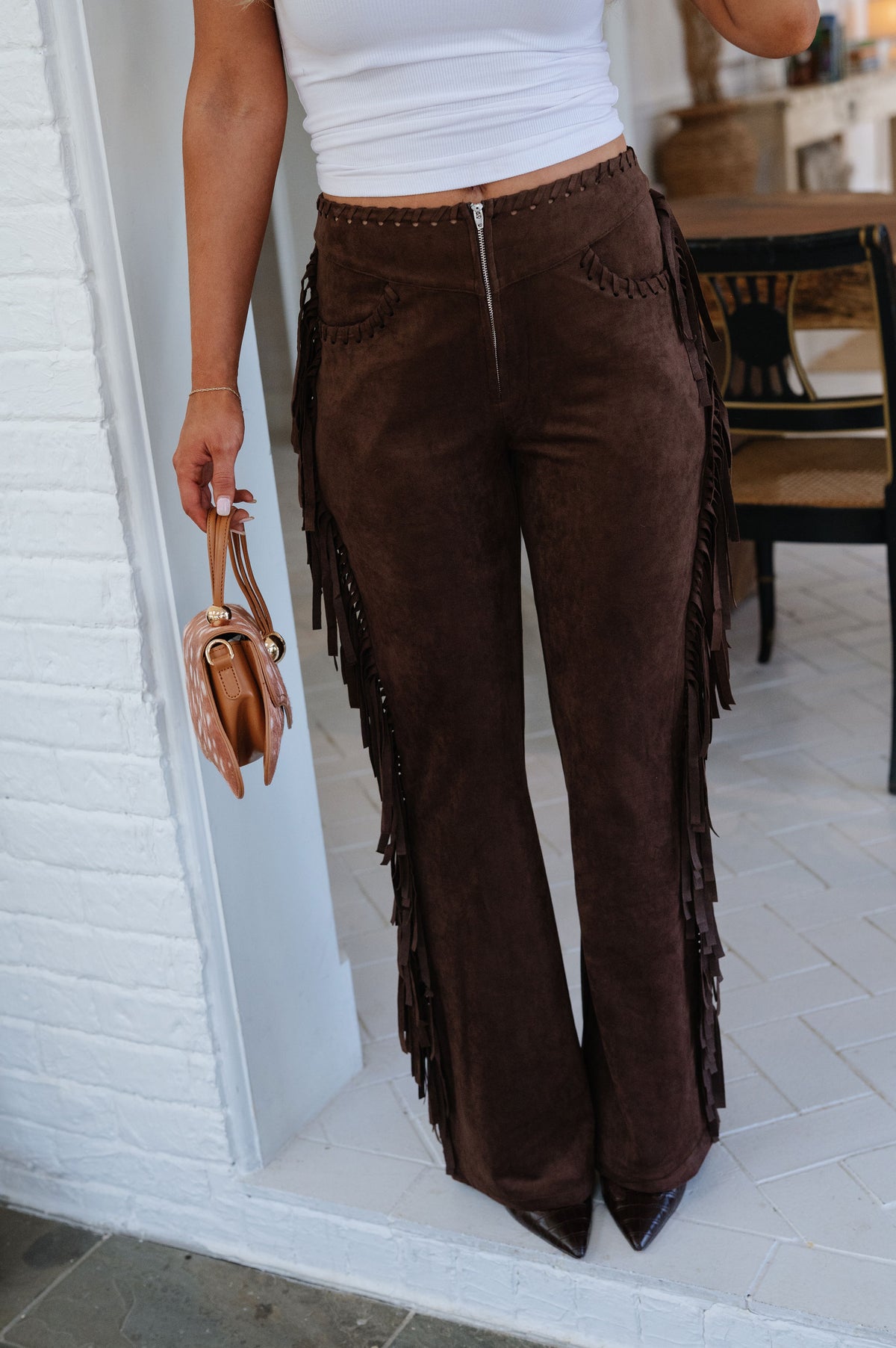 Rosie Faux Suede Flare Pants-Chocolate