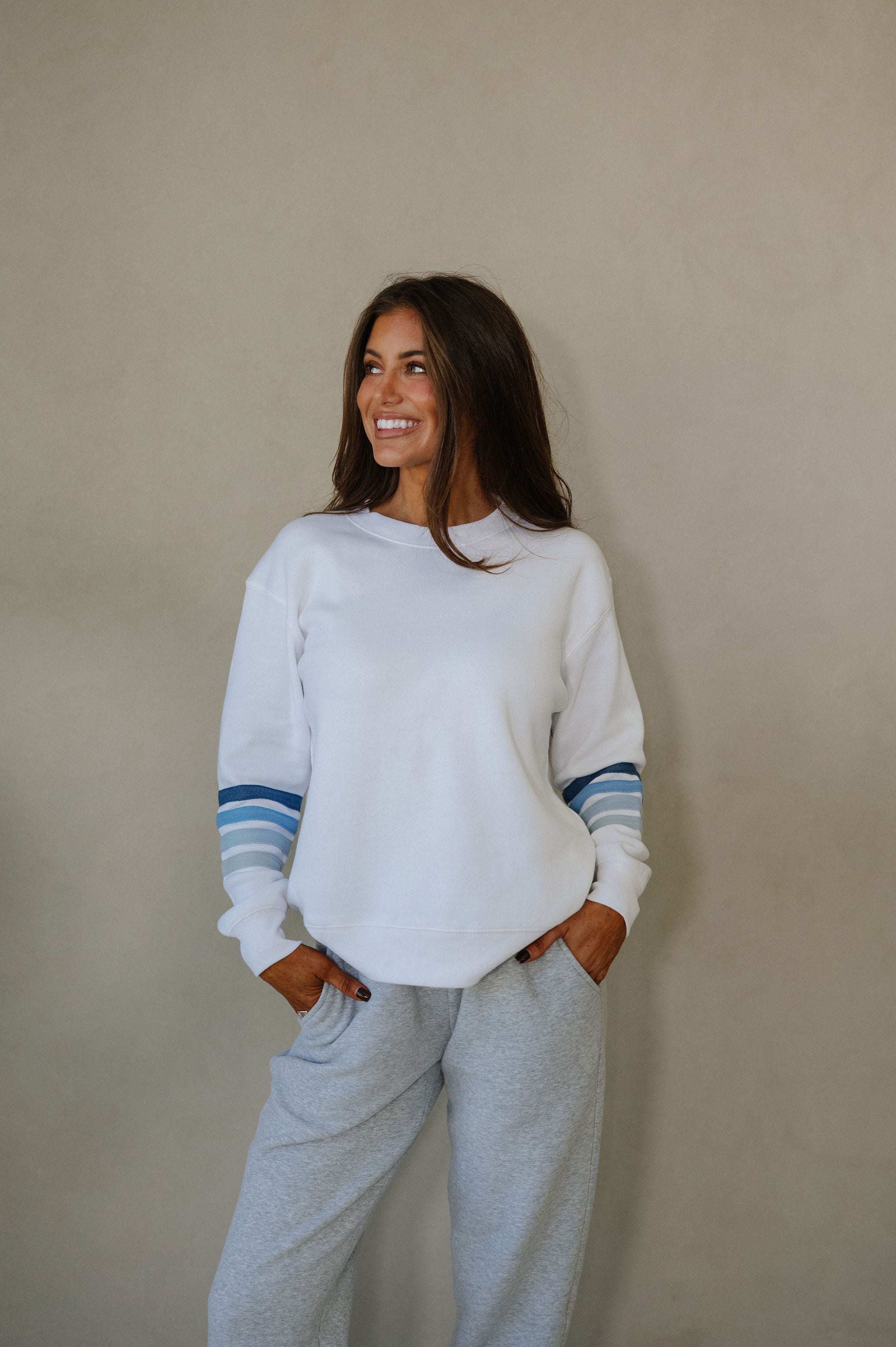 Adler Striped Fleece Crewneck-White/Blue