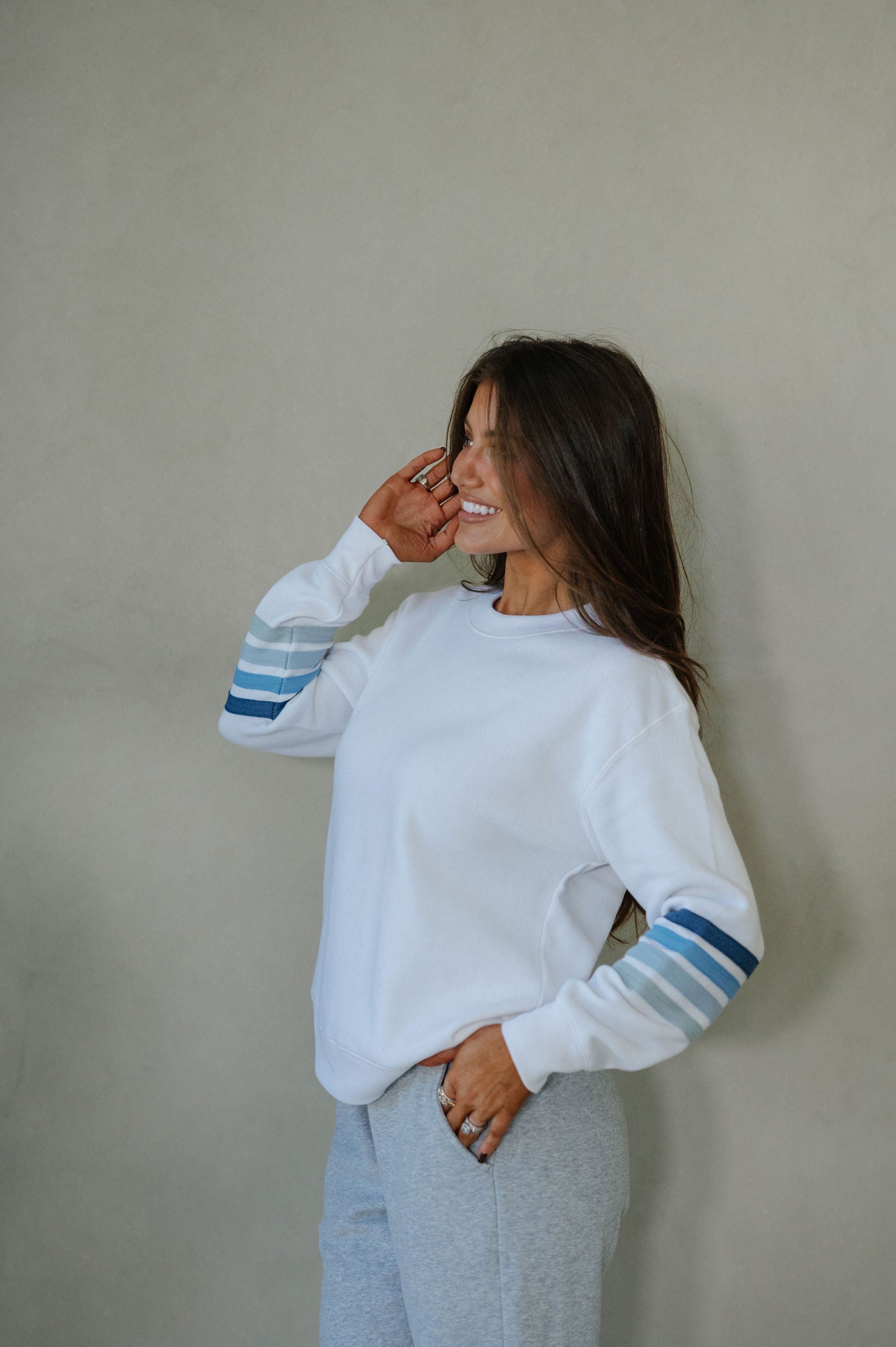 Adler Striped Fleece Crewneck-White/Blue