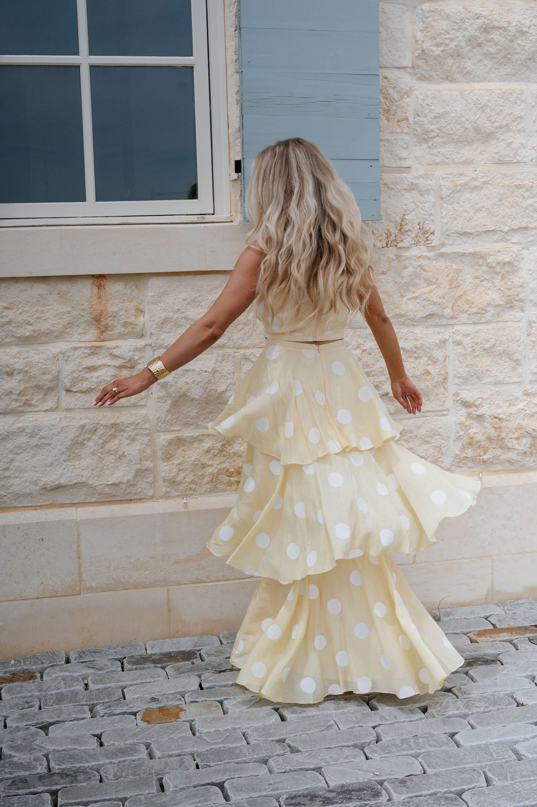 Spring Polka Dot Halter Neck Skirt Set-Yellow