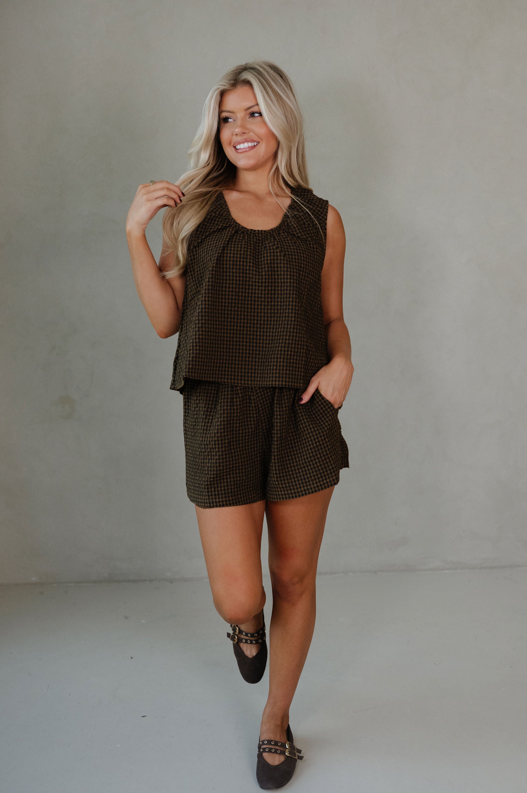 Tarsi Gingham Shorts Set-Brown