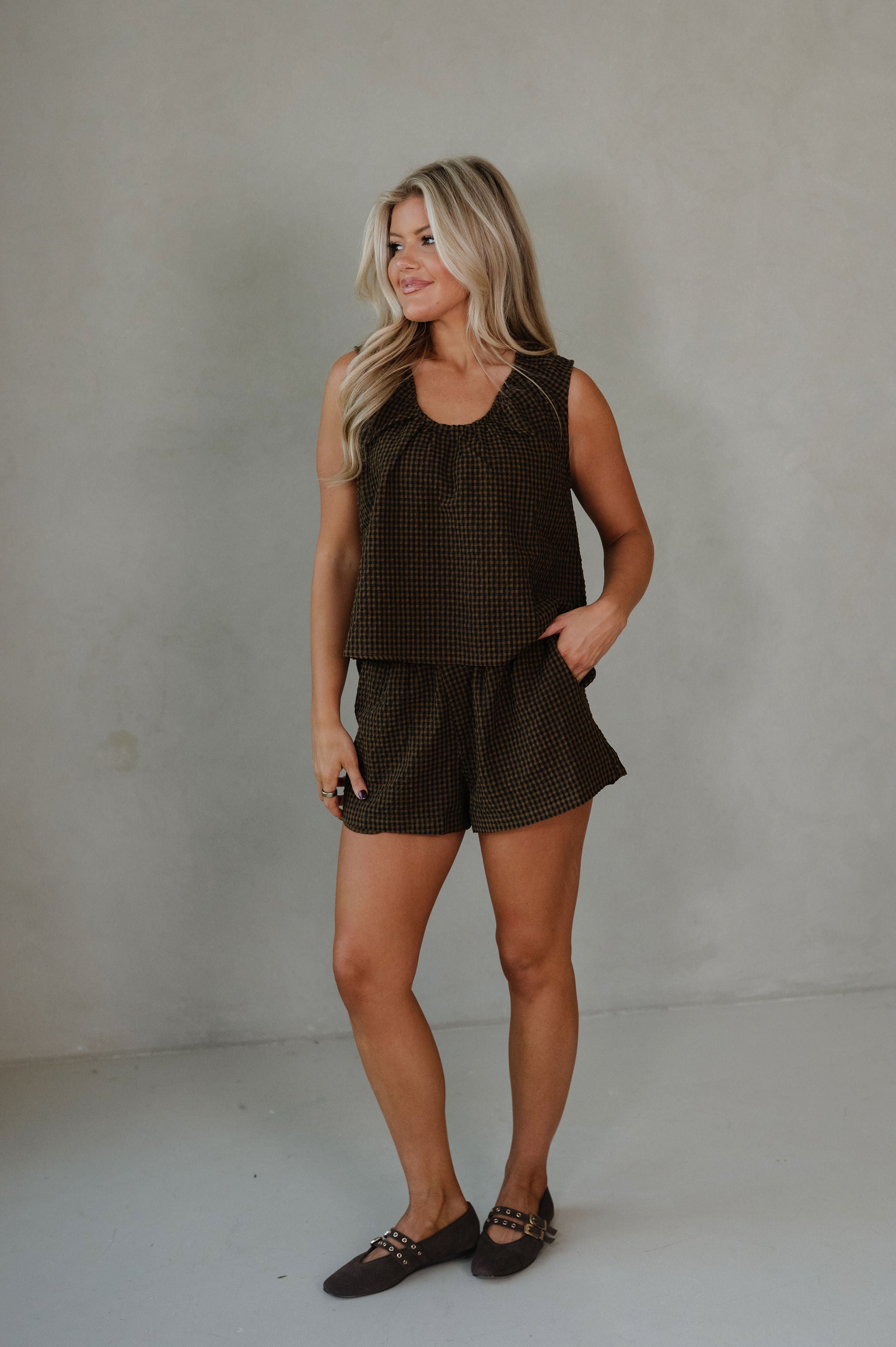 Tarsi Gingham Shorts Set-Brown