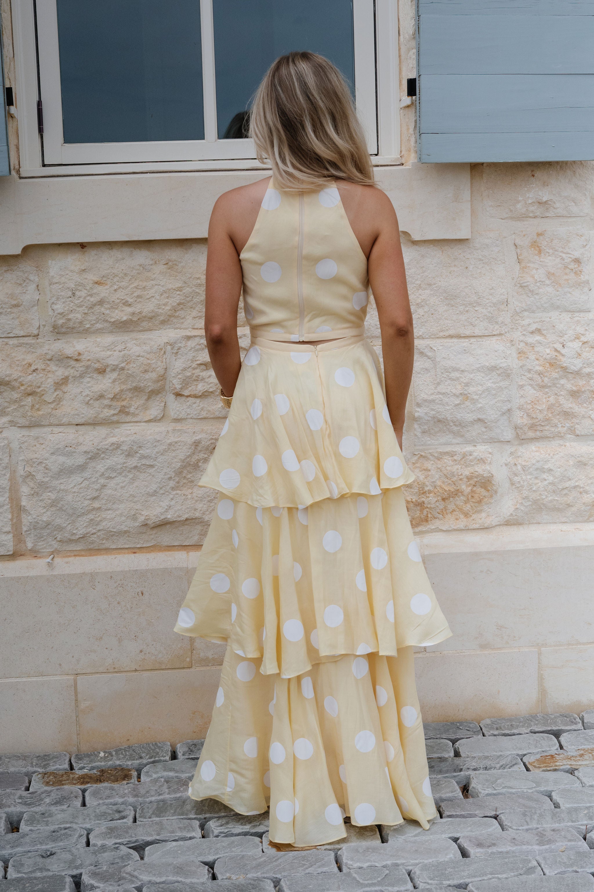 Spring Polka Dot Halter Neck Skirt Set-Yellow