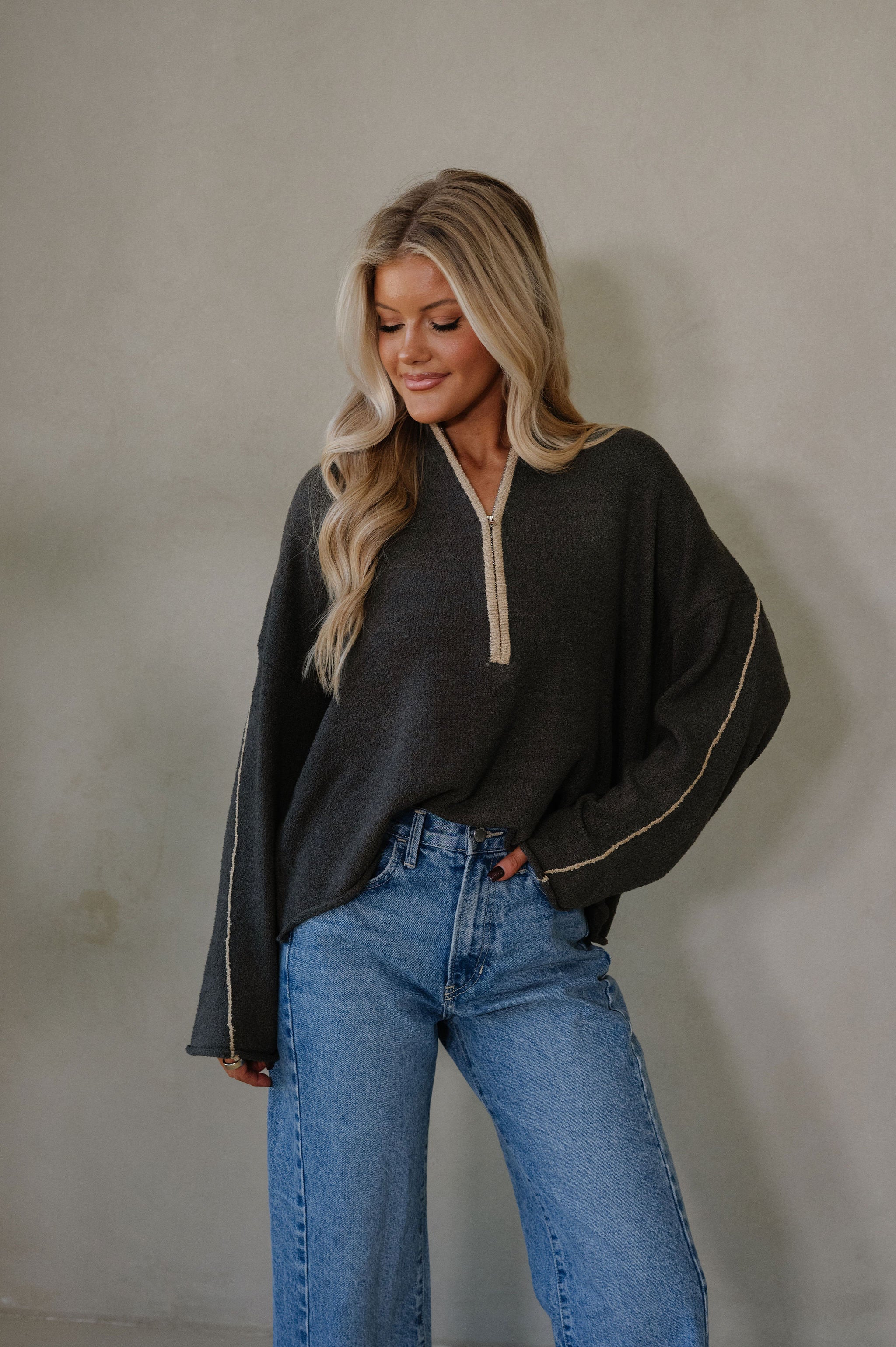 Textured Half-Zip Mock-Neck Sweater-Charcoal