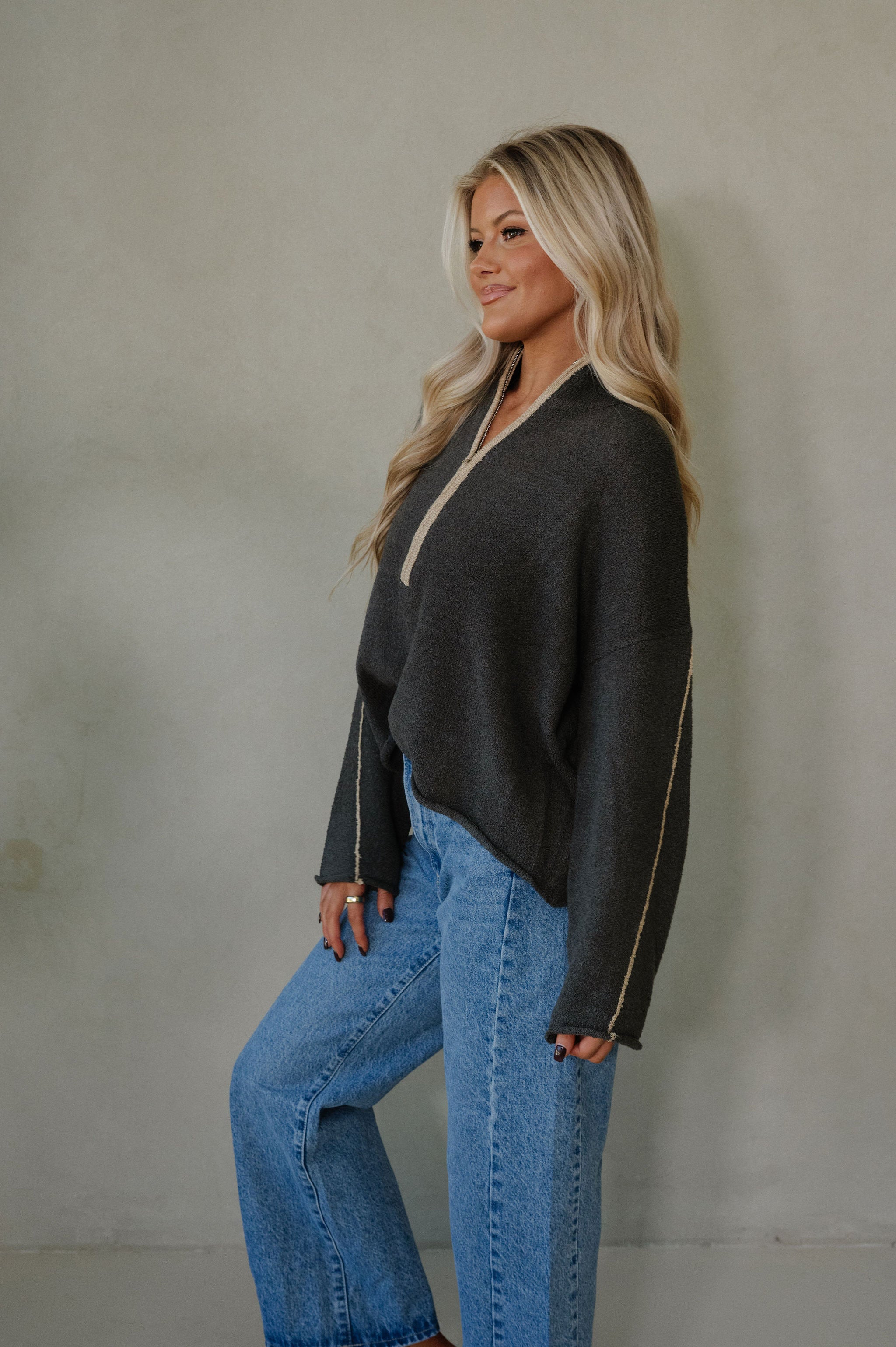 Textured Half-Zip Mock-Neck Sweater-Charcoal