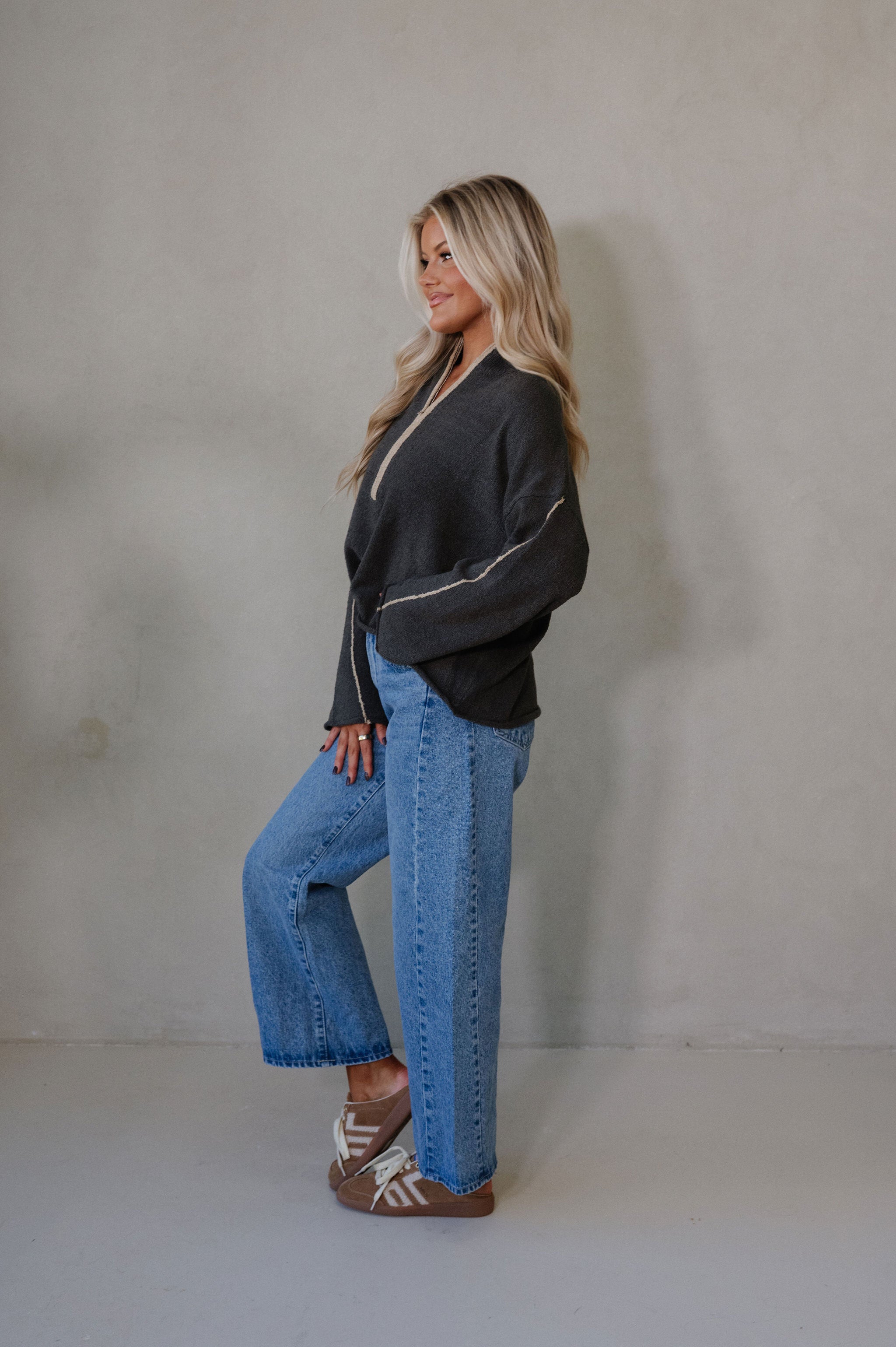 Textured Half-Zip Mock-Neck Sweater-Charcoal