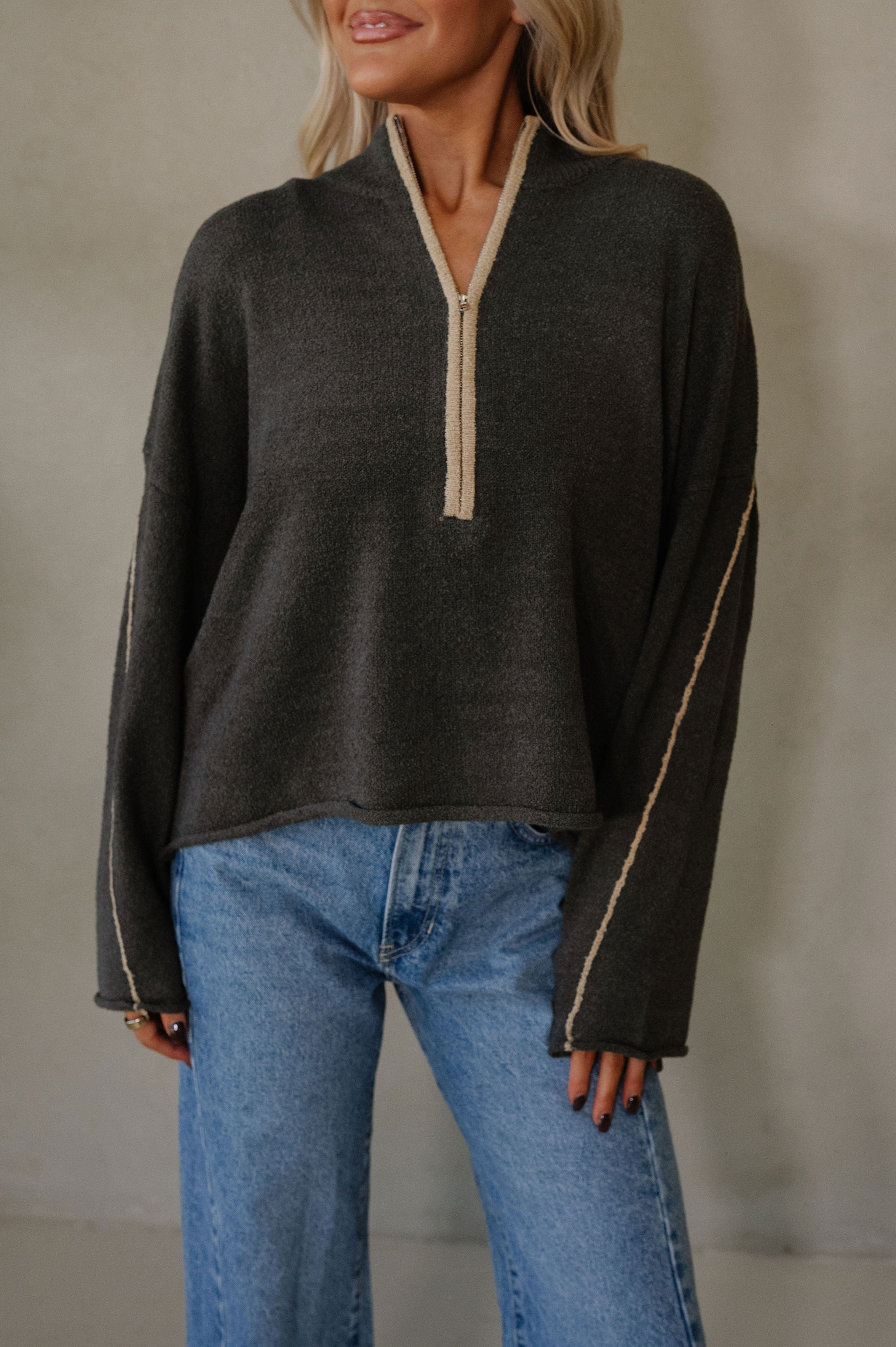 Textured Half-Zip Mock-Neck Sweater-Charcoal