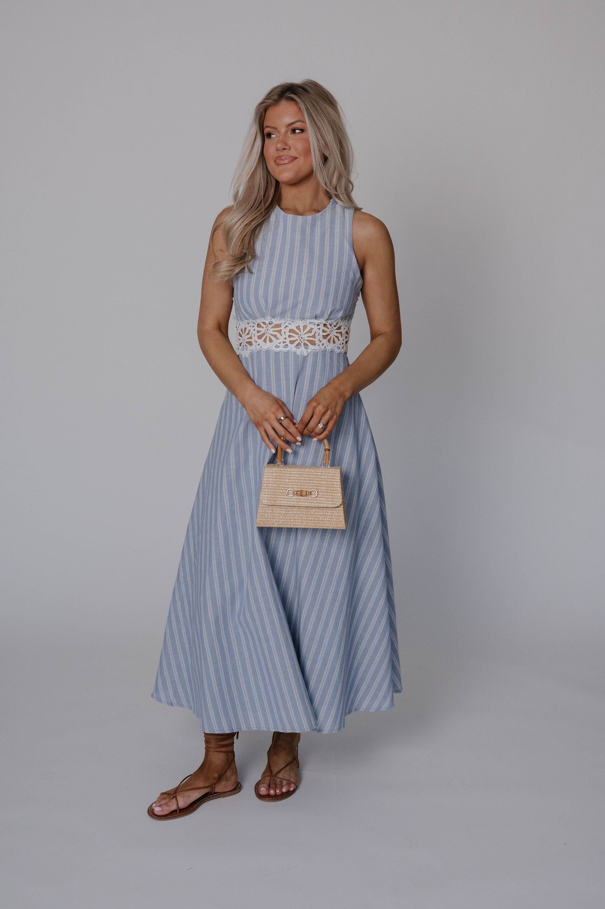 Striped Lace Trim Open Back Midi Dress-Light Blue
