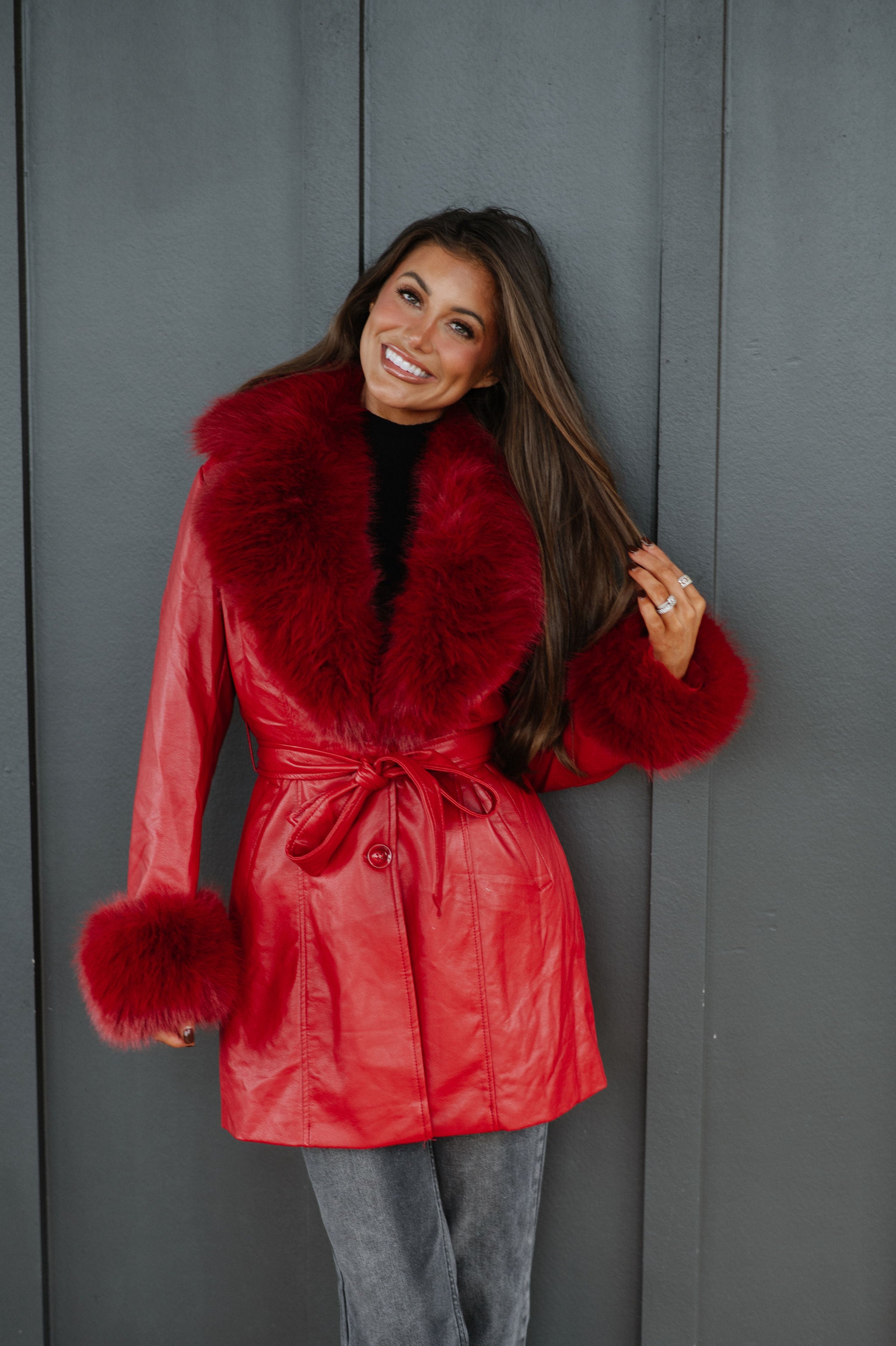 Ginny Fur Trim Coat-Red