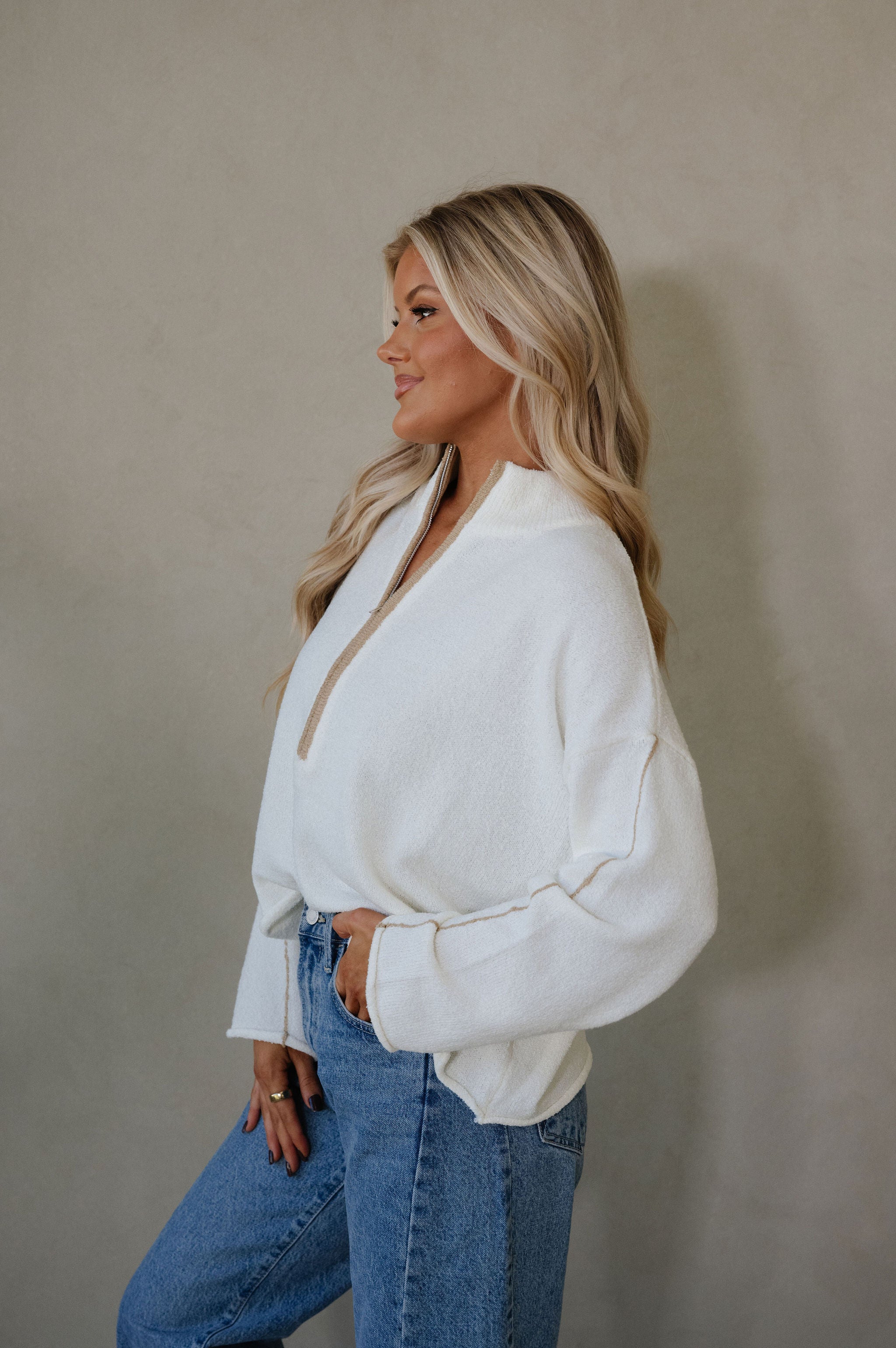 Textured Half-Zip Mock-Neck Sweater-Cream