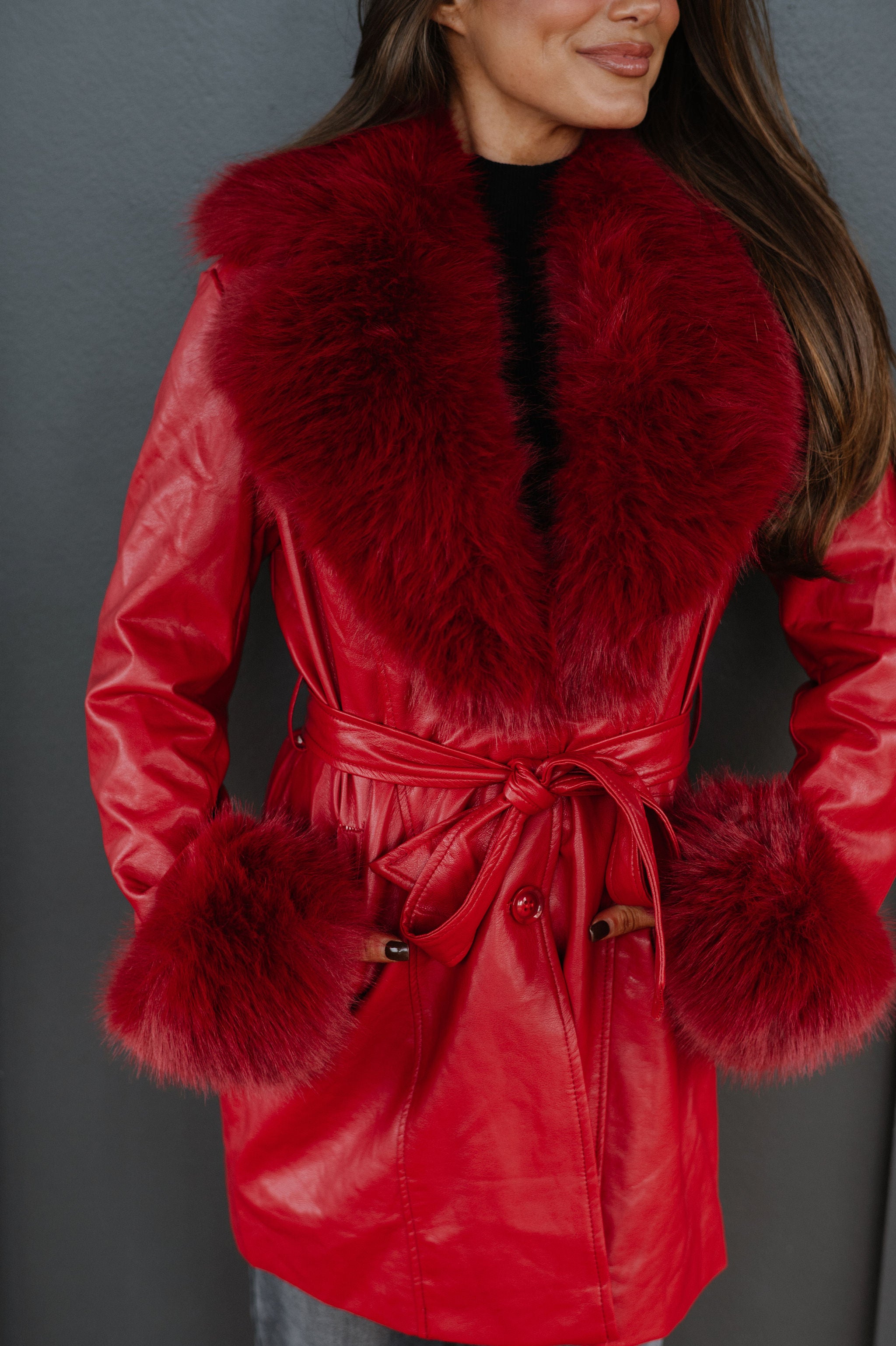 Ginny Fur Trim Coat-Red