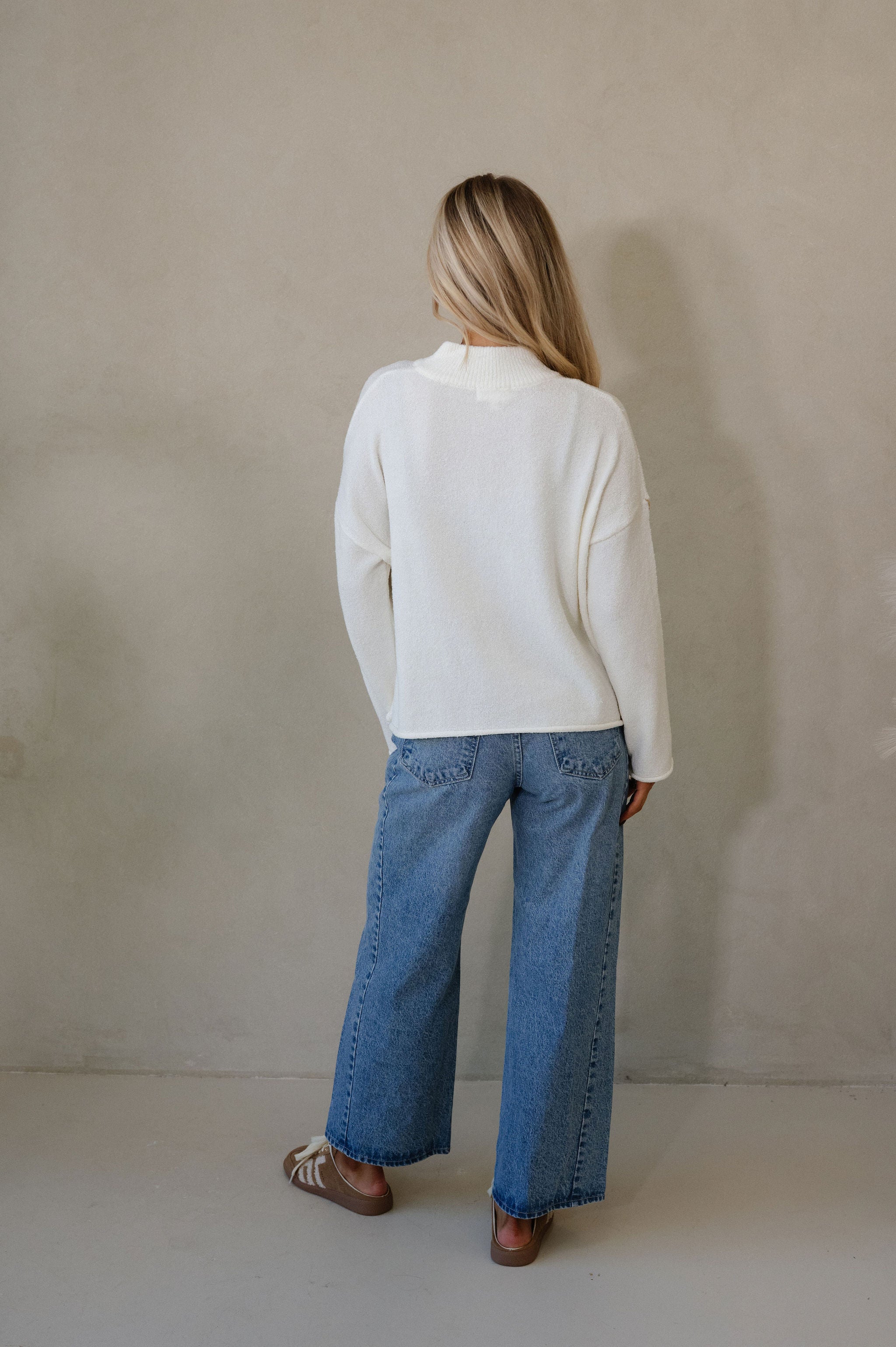 Textured Half-Zip Mock-Neck Sweater-Cream
