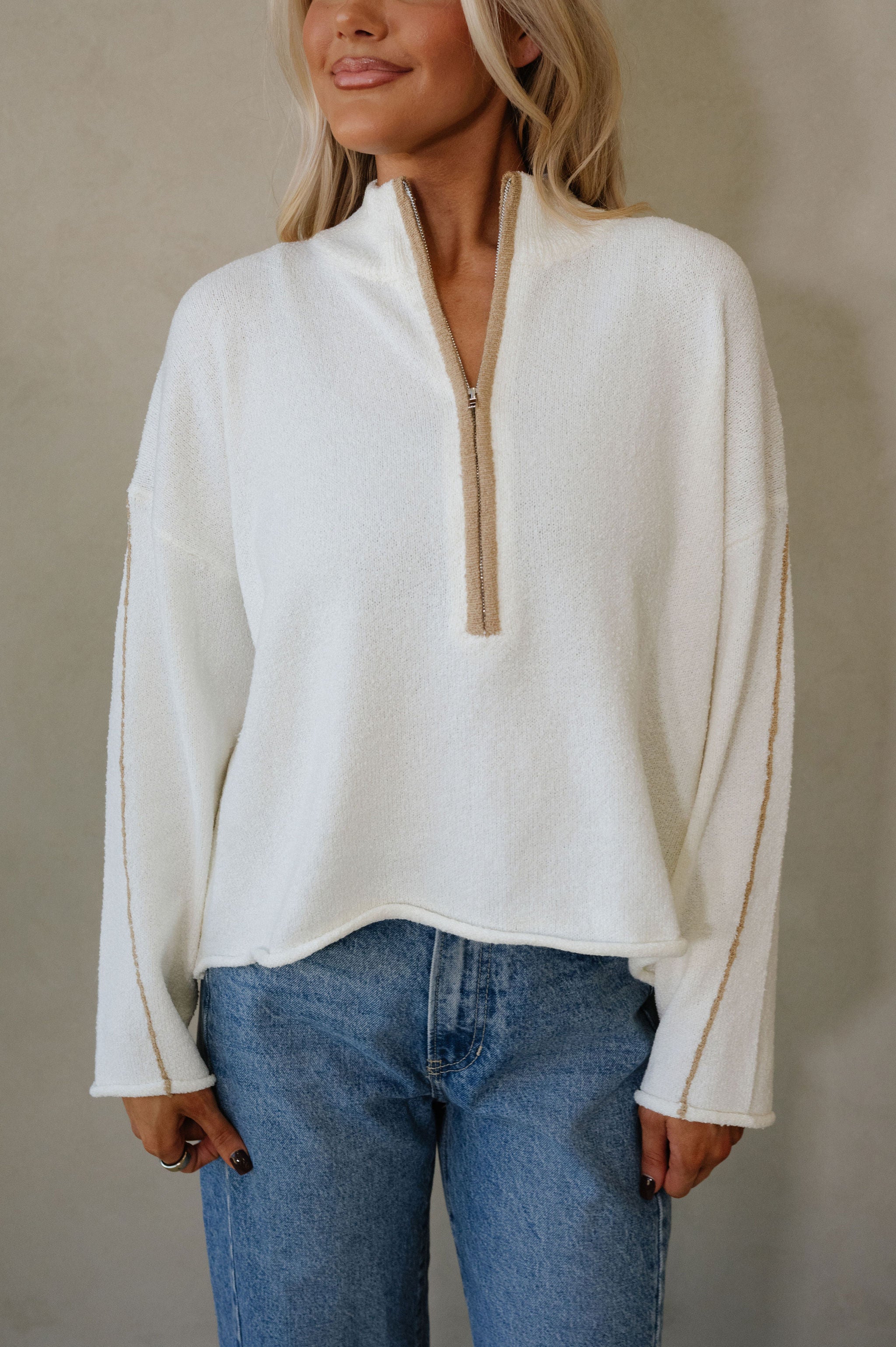 Textured Half-Zip Mock-Neck Sweater-Cream