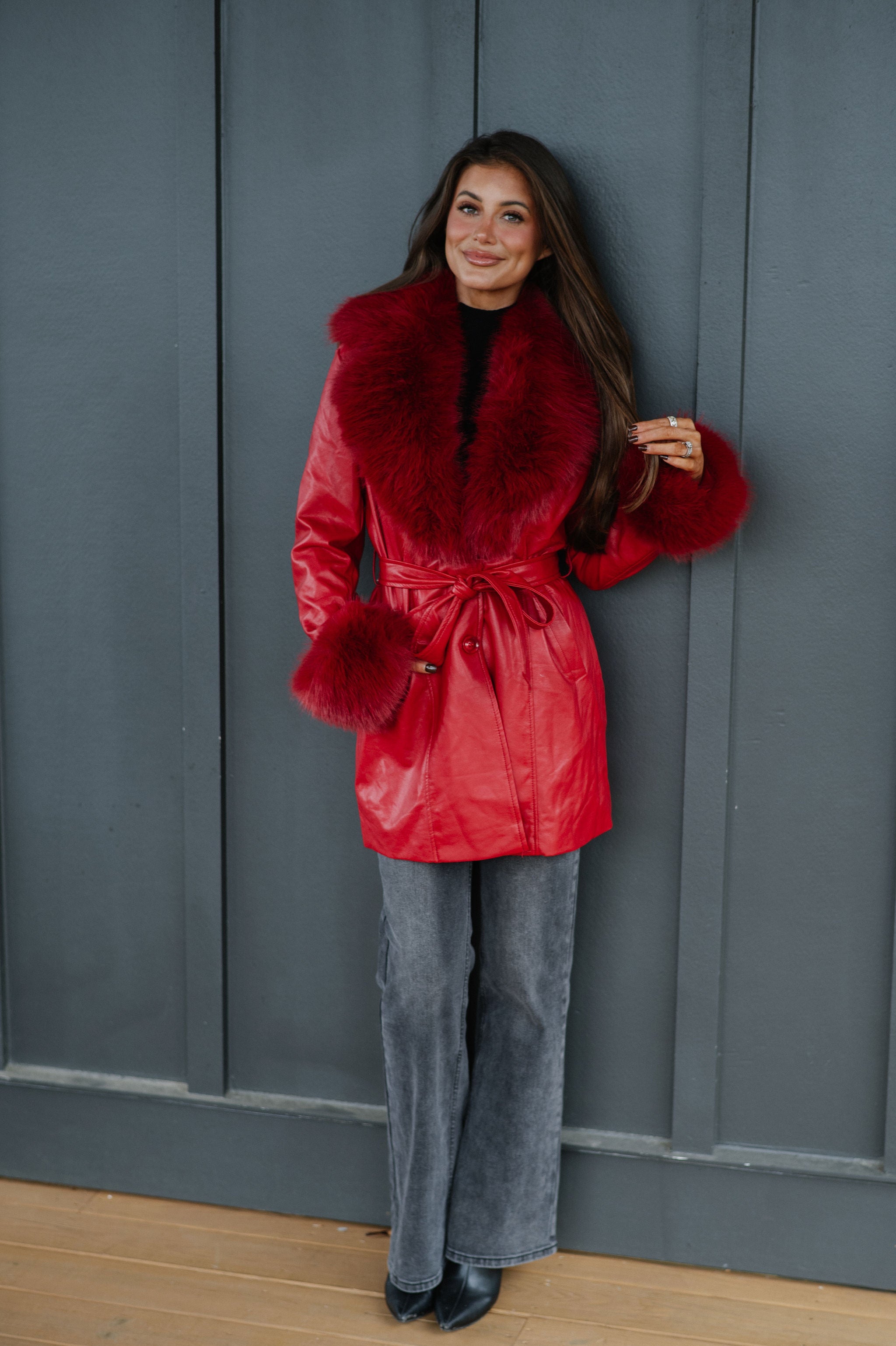 Ginny Fur Trim Coat-Red