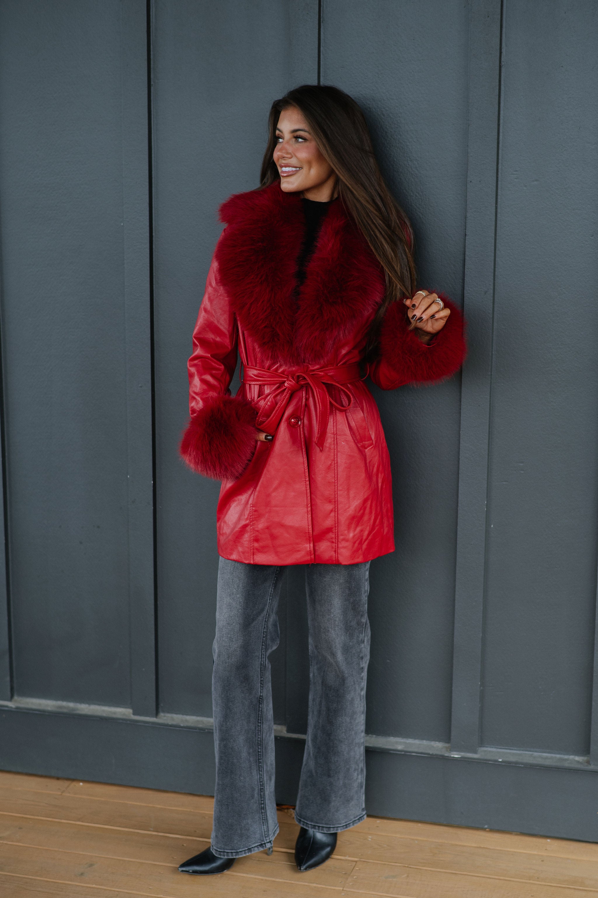 Ginny Fur Trim Coat-Red