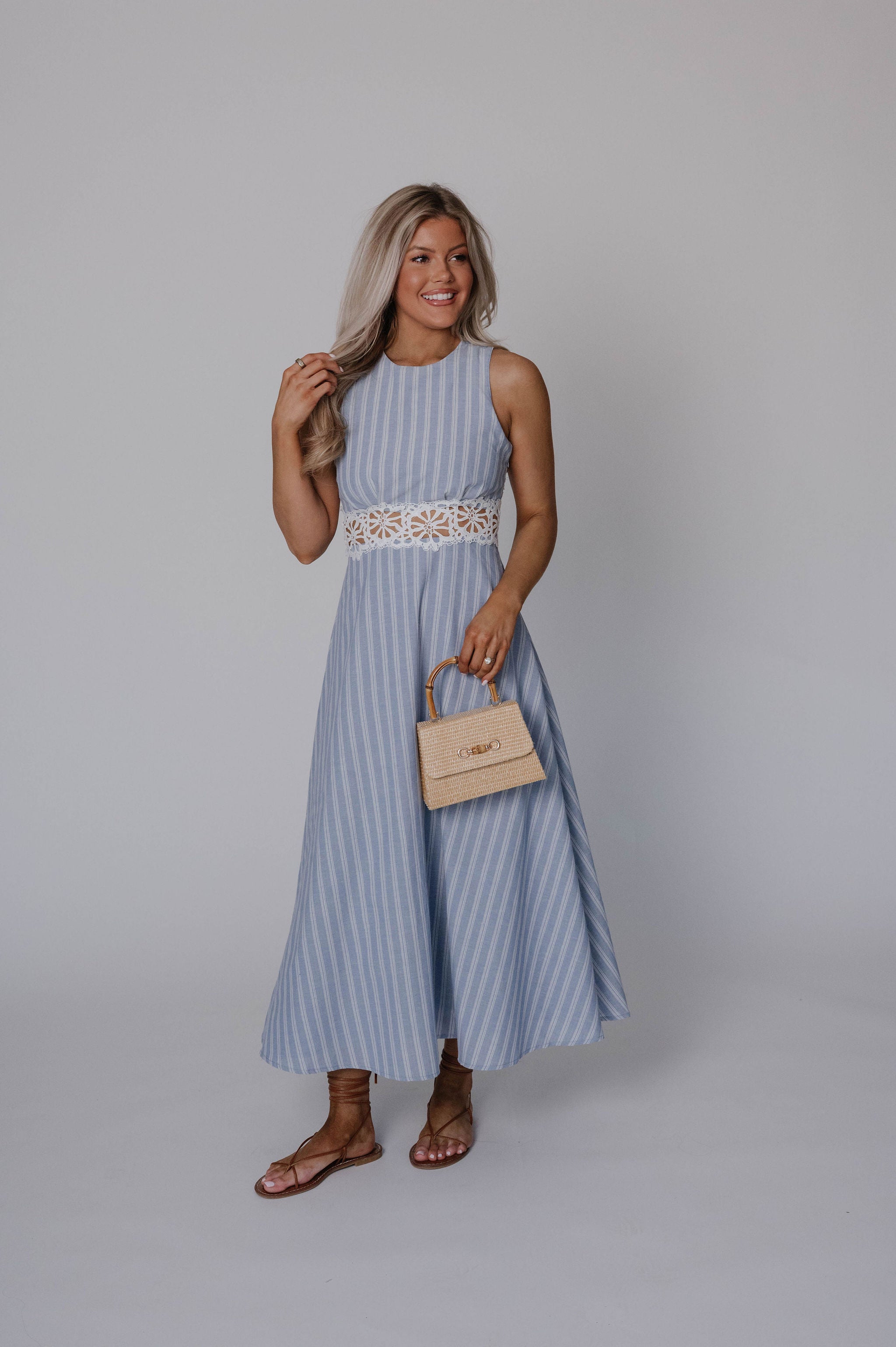 Striped Lace Trim Open Back Midi Dress-Light Blue