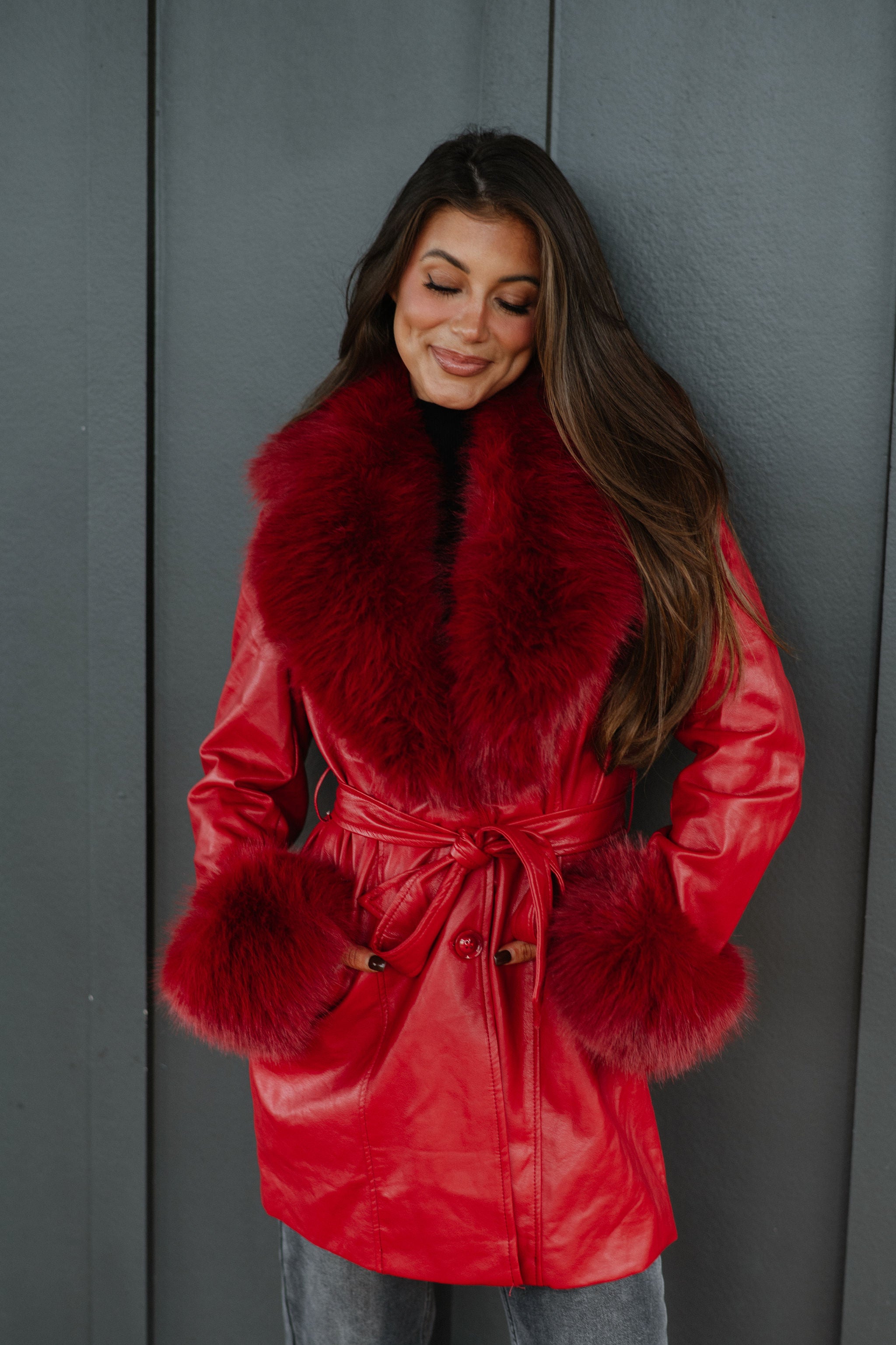 Ginny Fur Trim Coat-Red