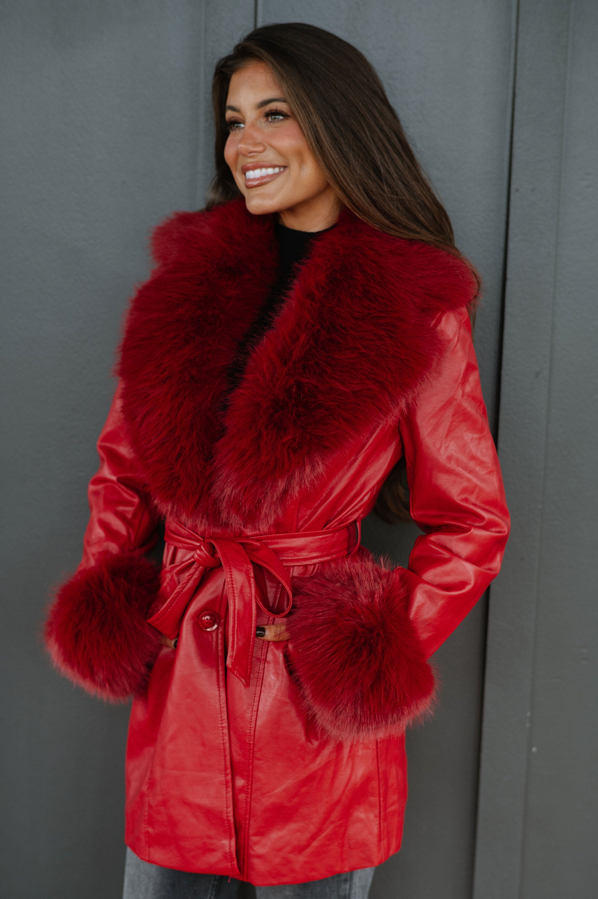 Ginny Fur Trim Coat-Red