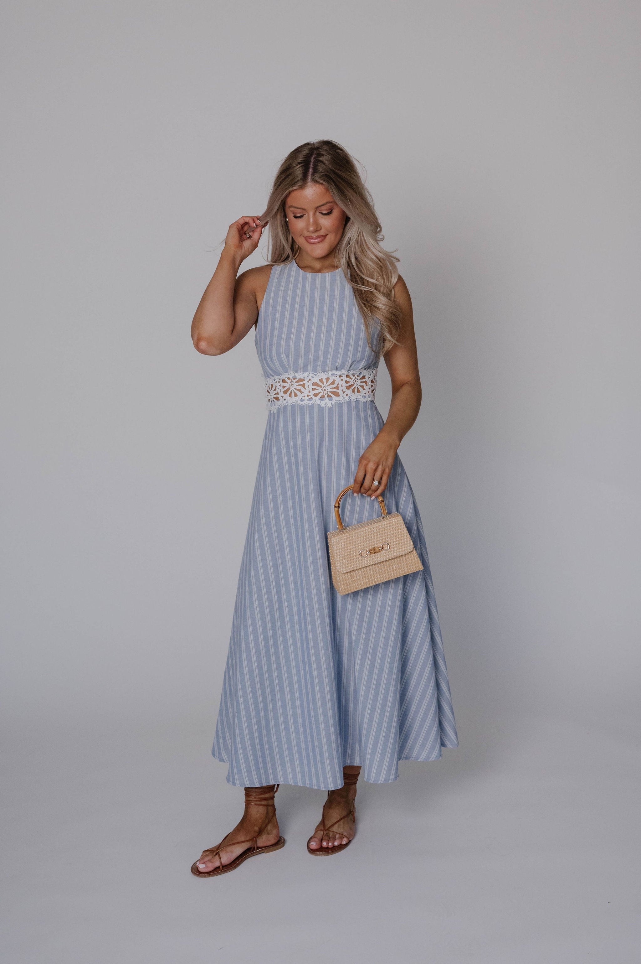 Striped Lace Trim Open Back Midi Dress-Light Blue