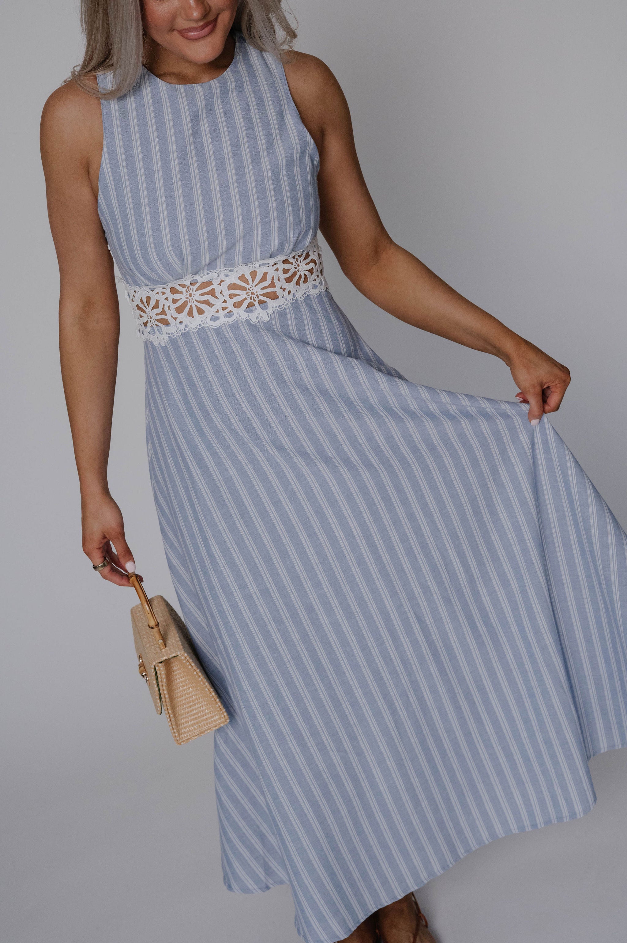 Striped Lace Trim Open Back Midi Dress-Light Blue