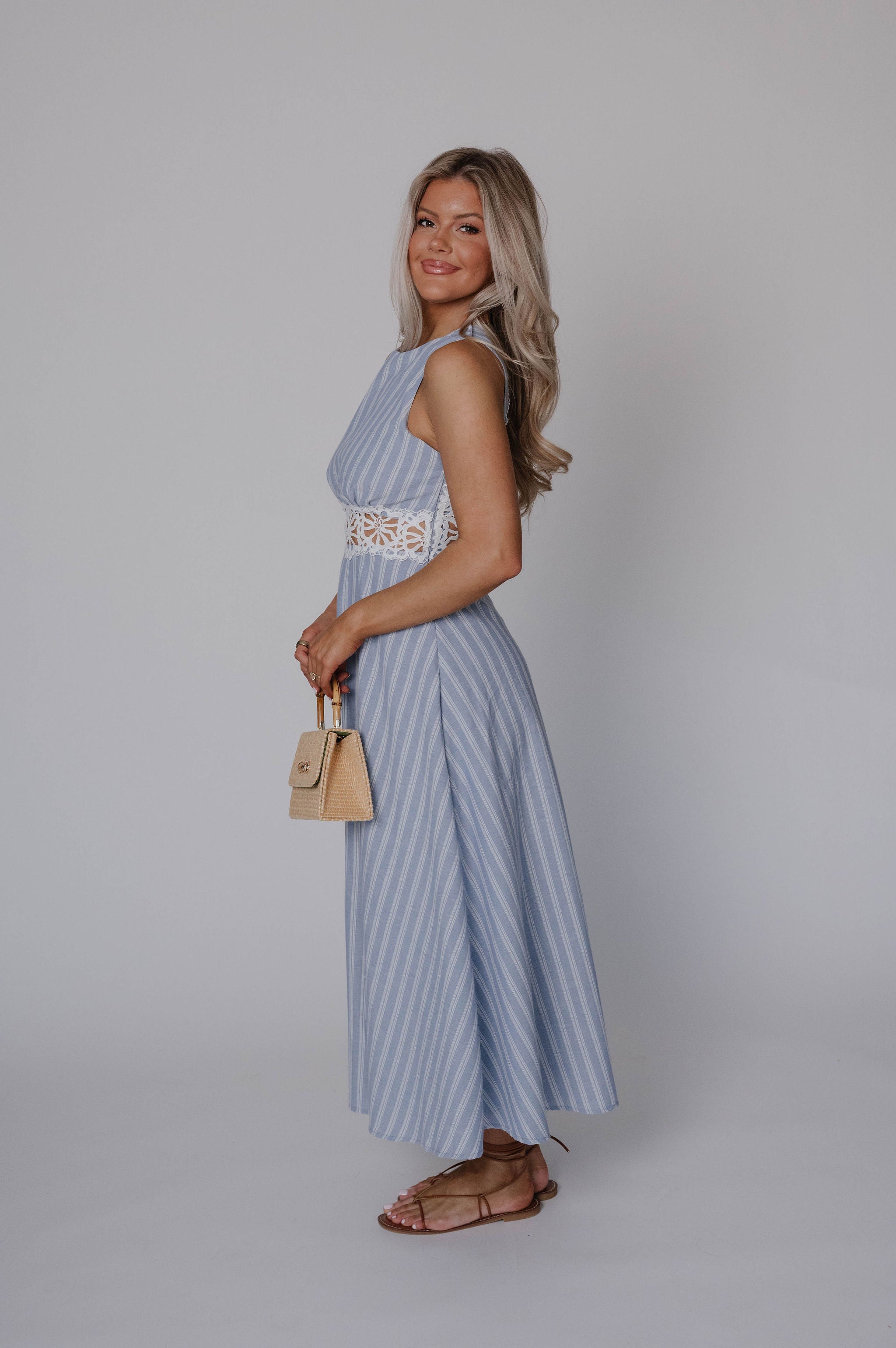 Striped Lace Trim Open Back Midi Dress-Light Blue