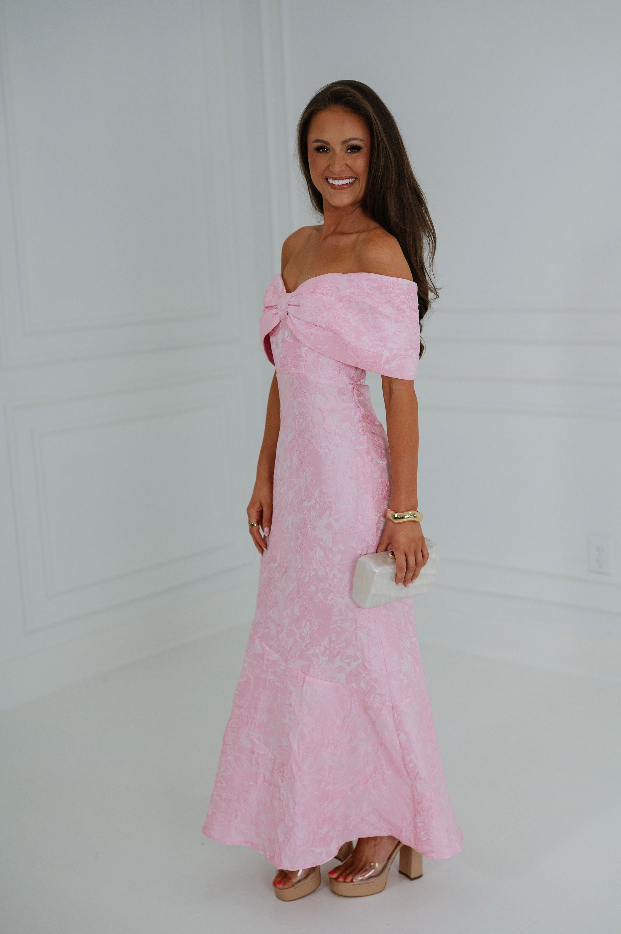 Jacquard Off Shoulder Dress-Pink