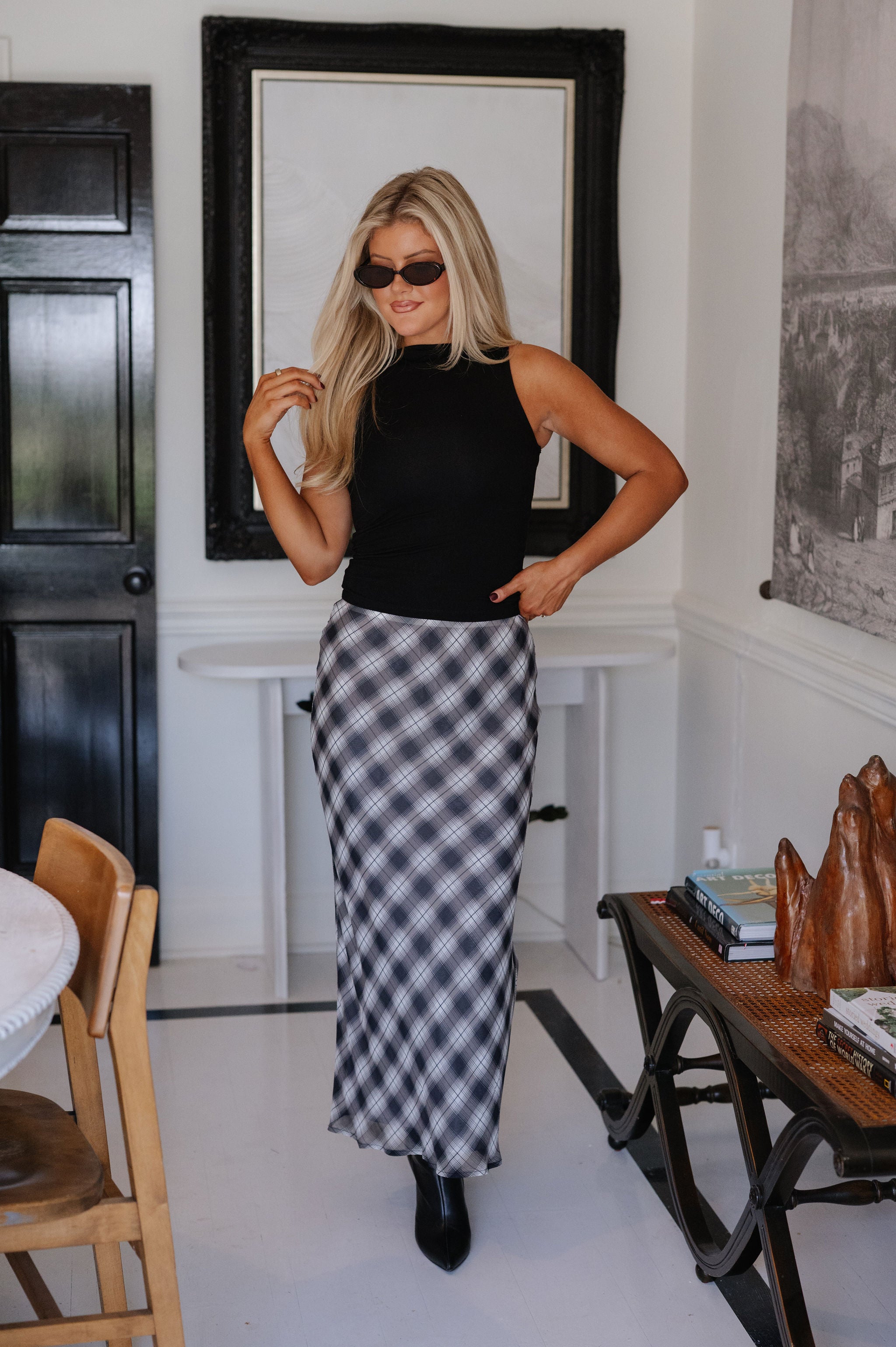 Plaid Chiffon Skirt- Black