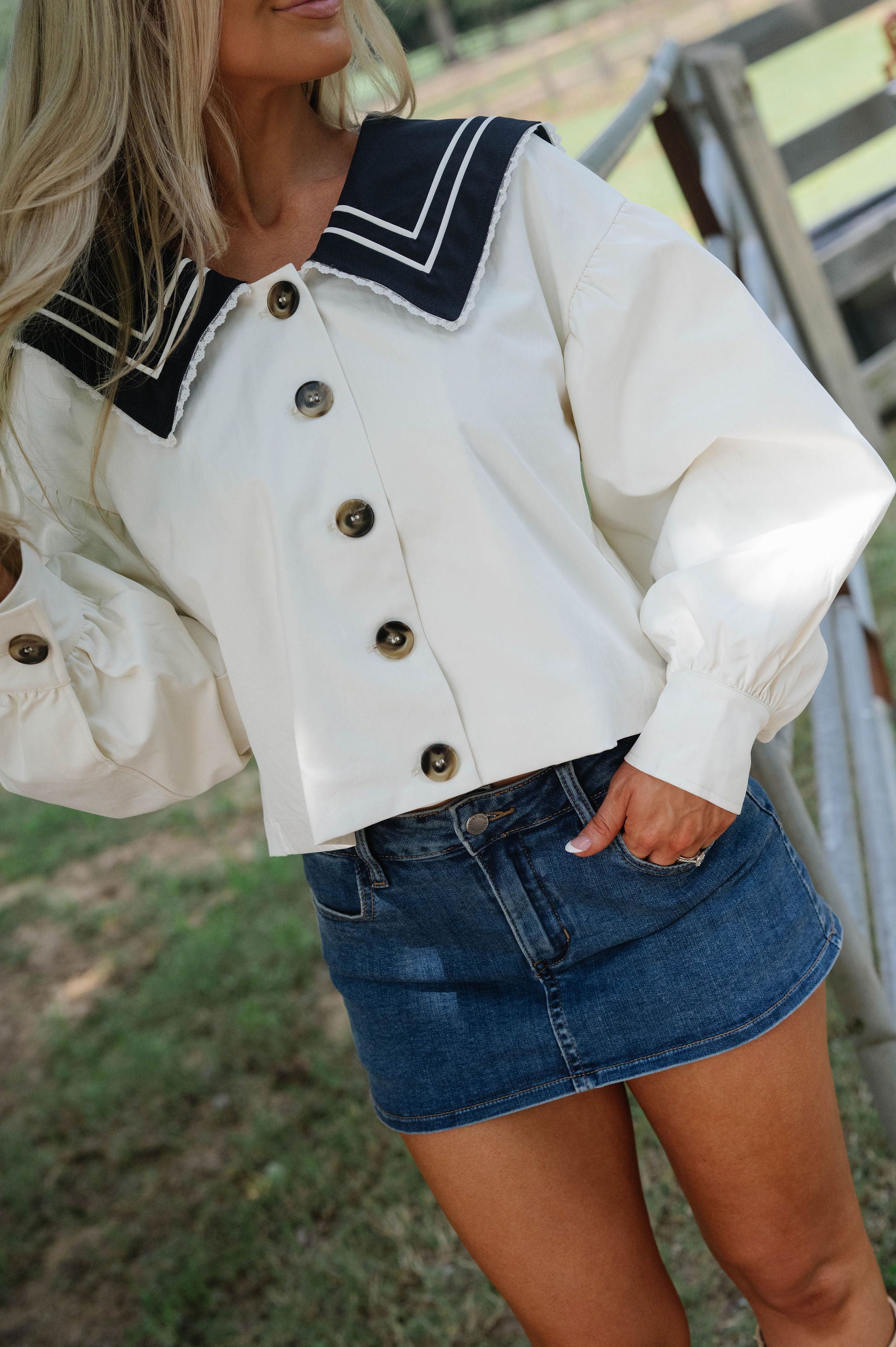 Sailor Cropped Trench Coat-Off White/Navy