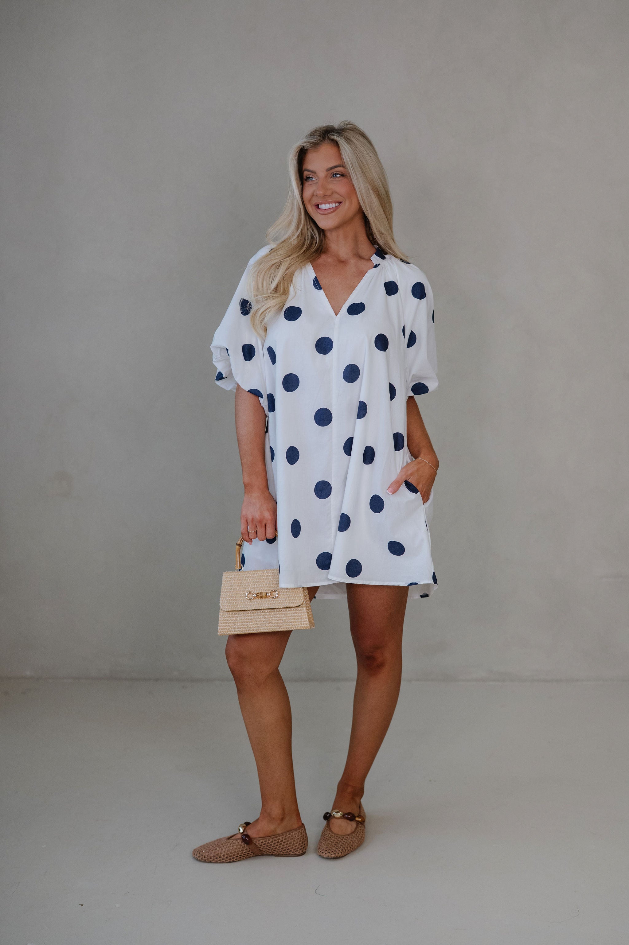 Devyn Polka Dot Mini Dress-Navy