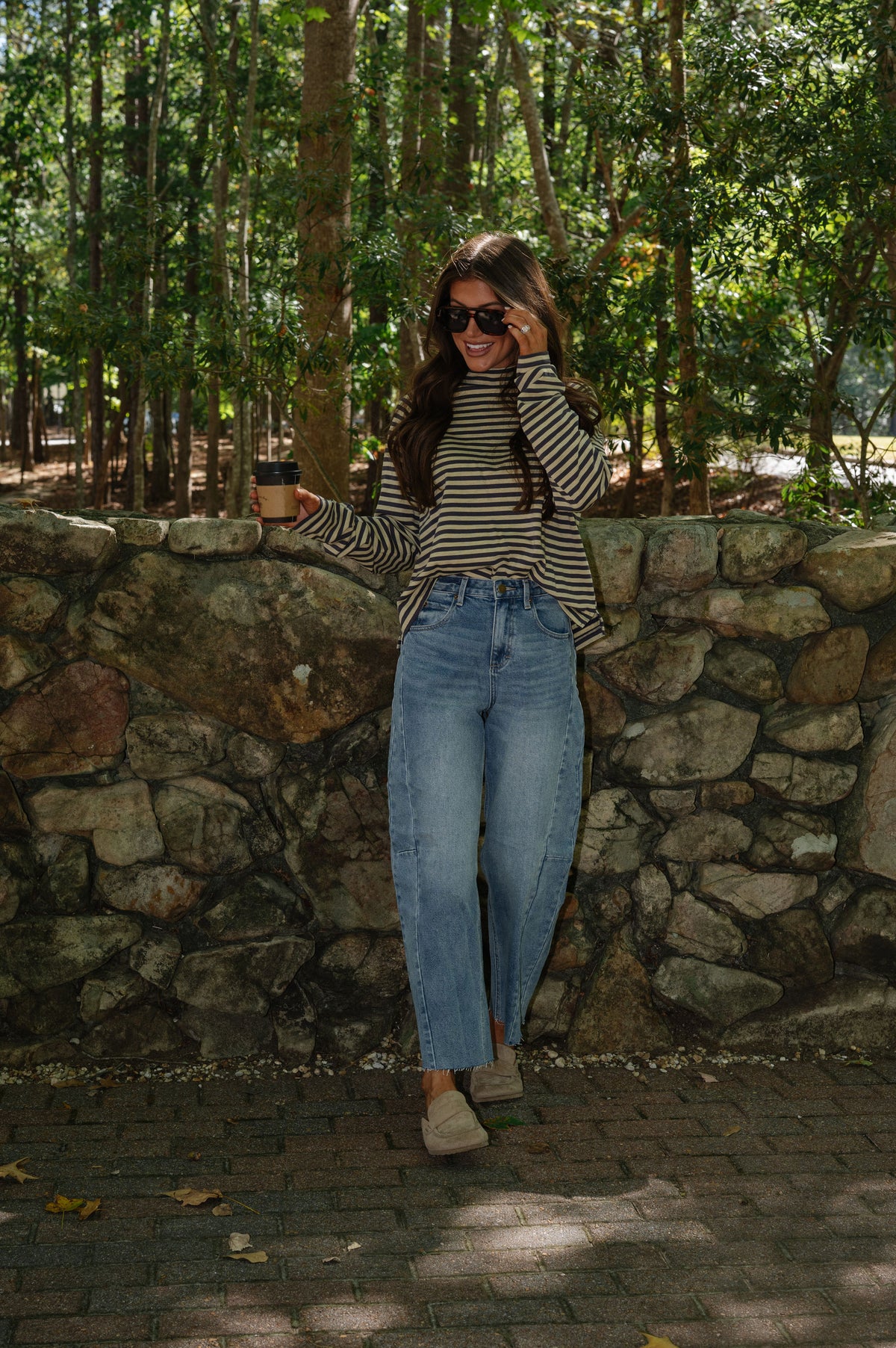 Kinley Stripe Mock Neck Top-Butter/Slate Grey