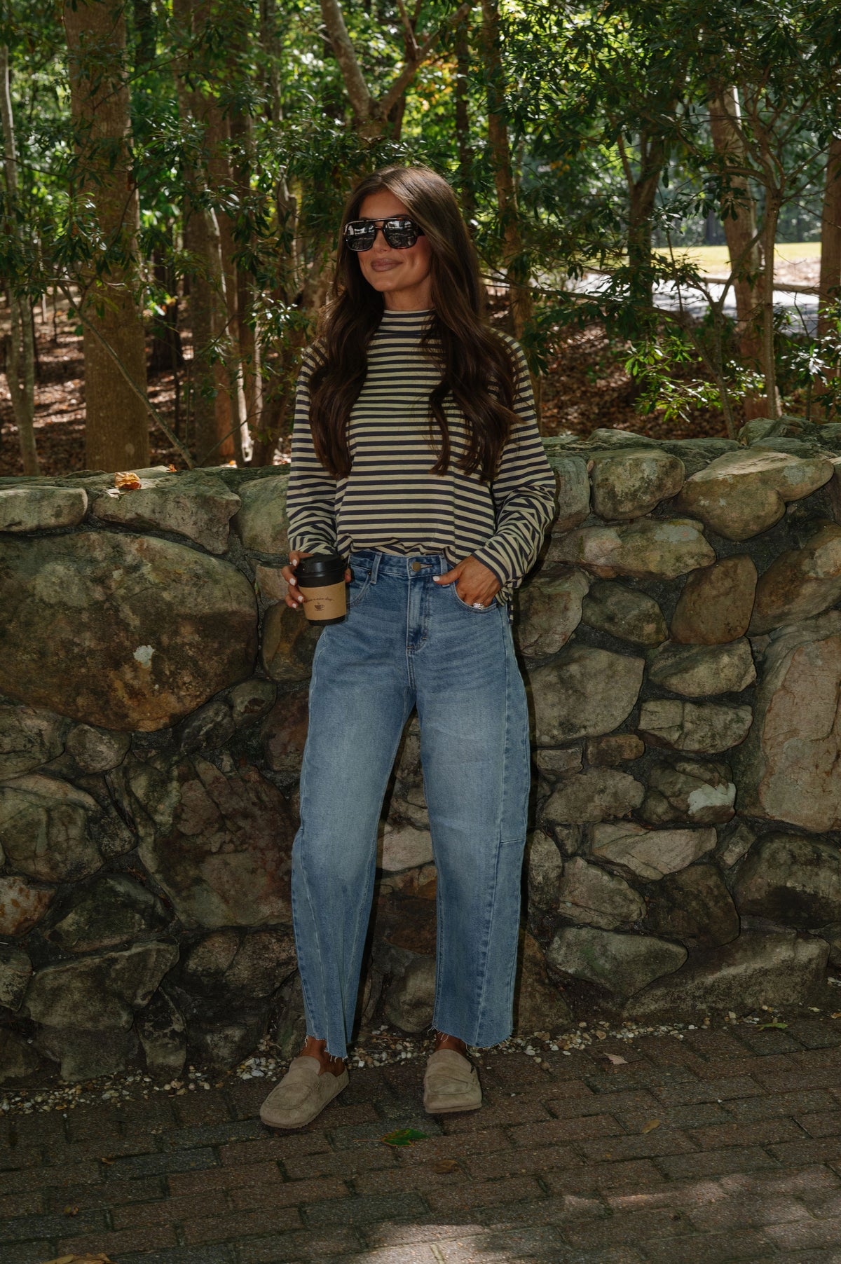 Kinley Stripe Mock Neck Top-Butter/Slate Grey