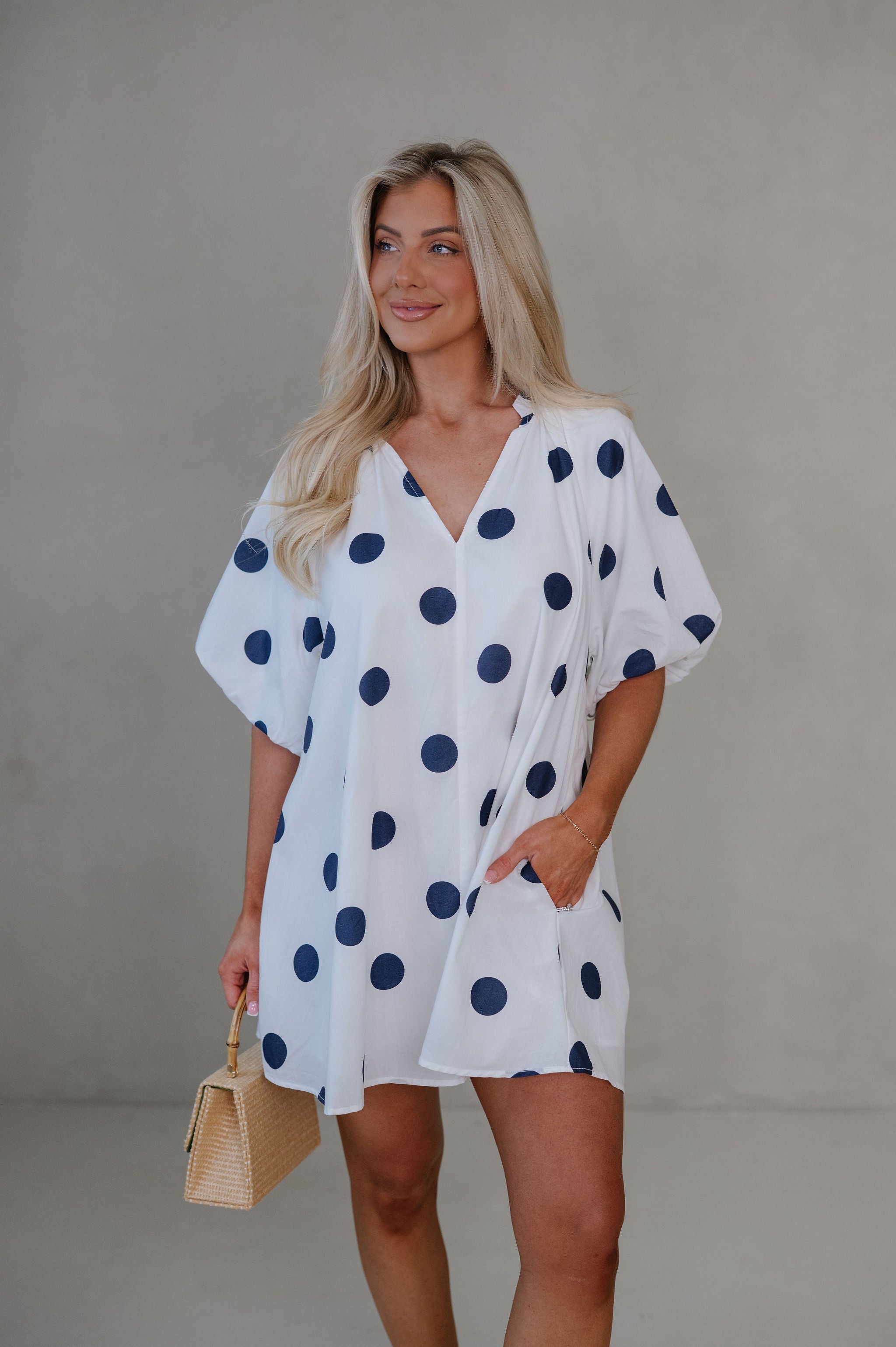 Devyn Polka Dot Mini Dress-Navy