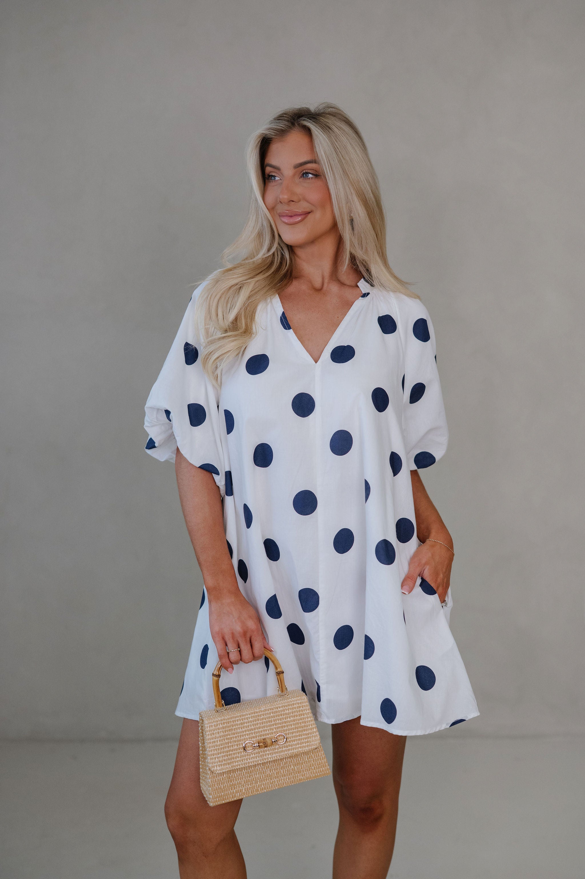 Devyn Polka Dot Mini Dress-Navy