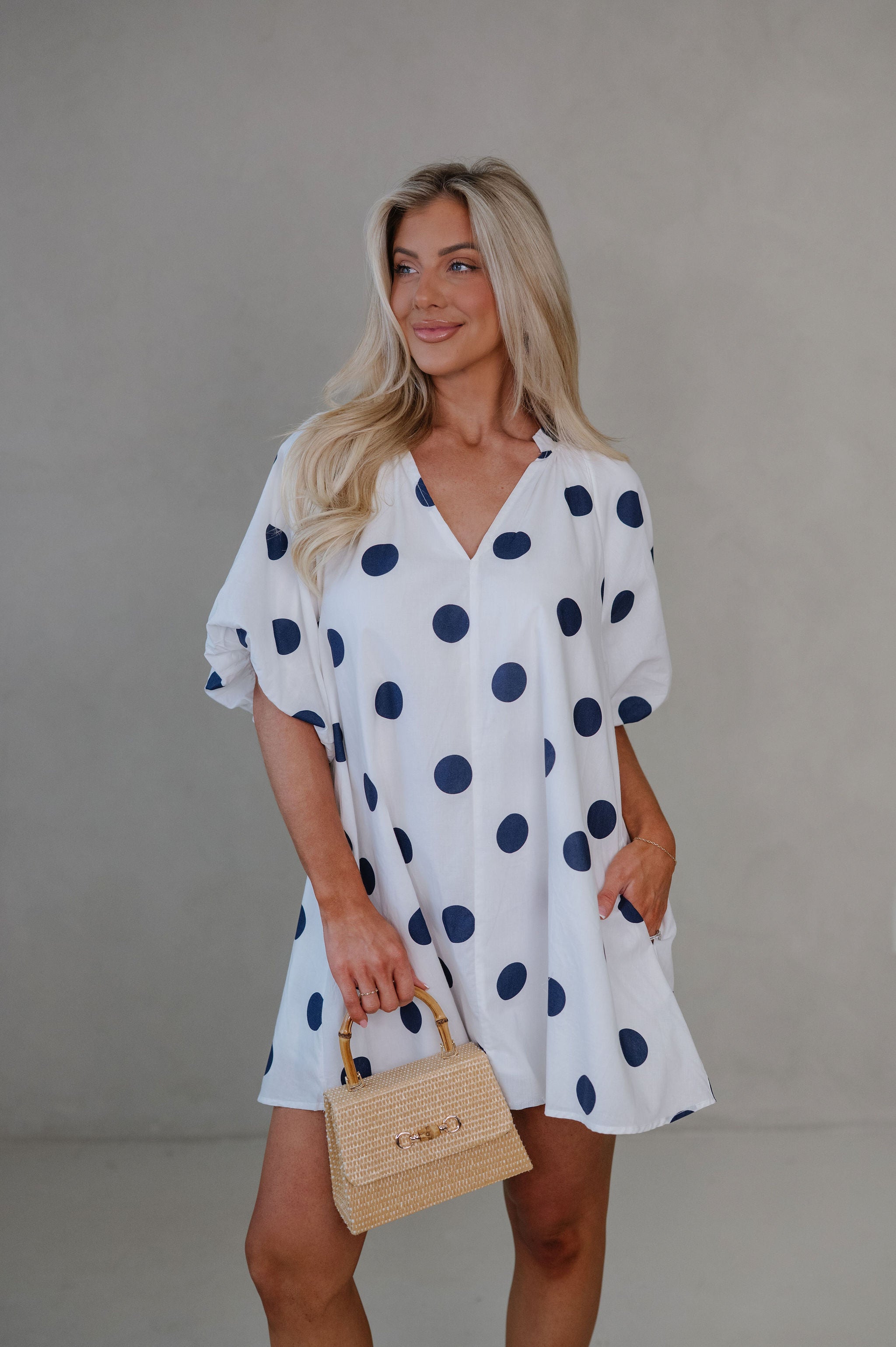 Devyn Polka Dot Mini Dress-Navy