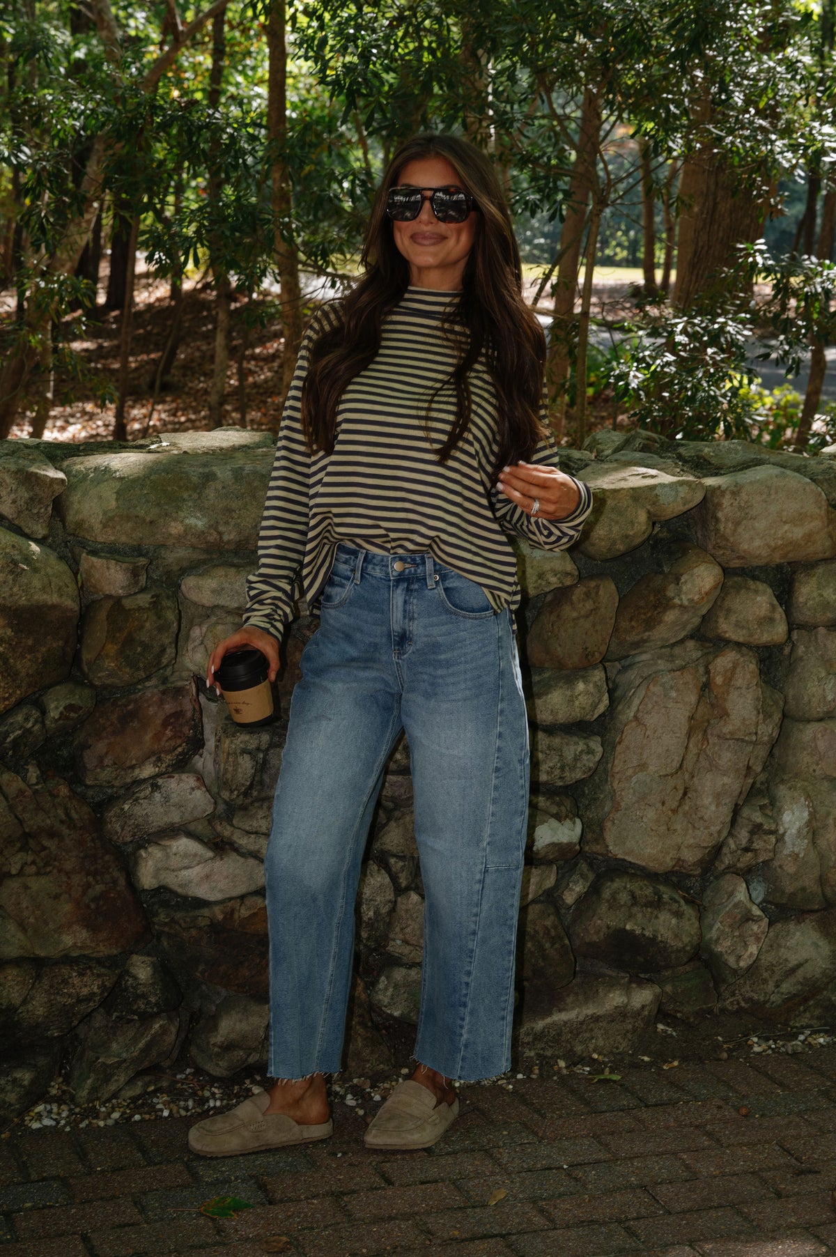 Kinley Stripe Mock Neck Top-Butter/Slate Grey