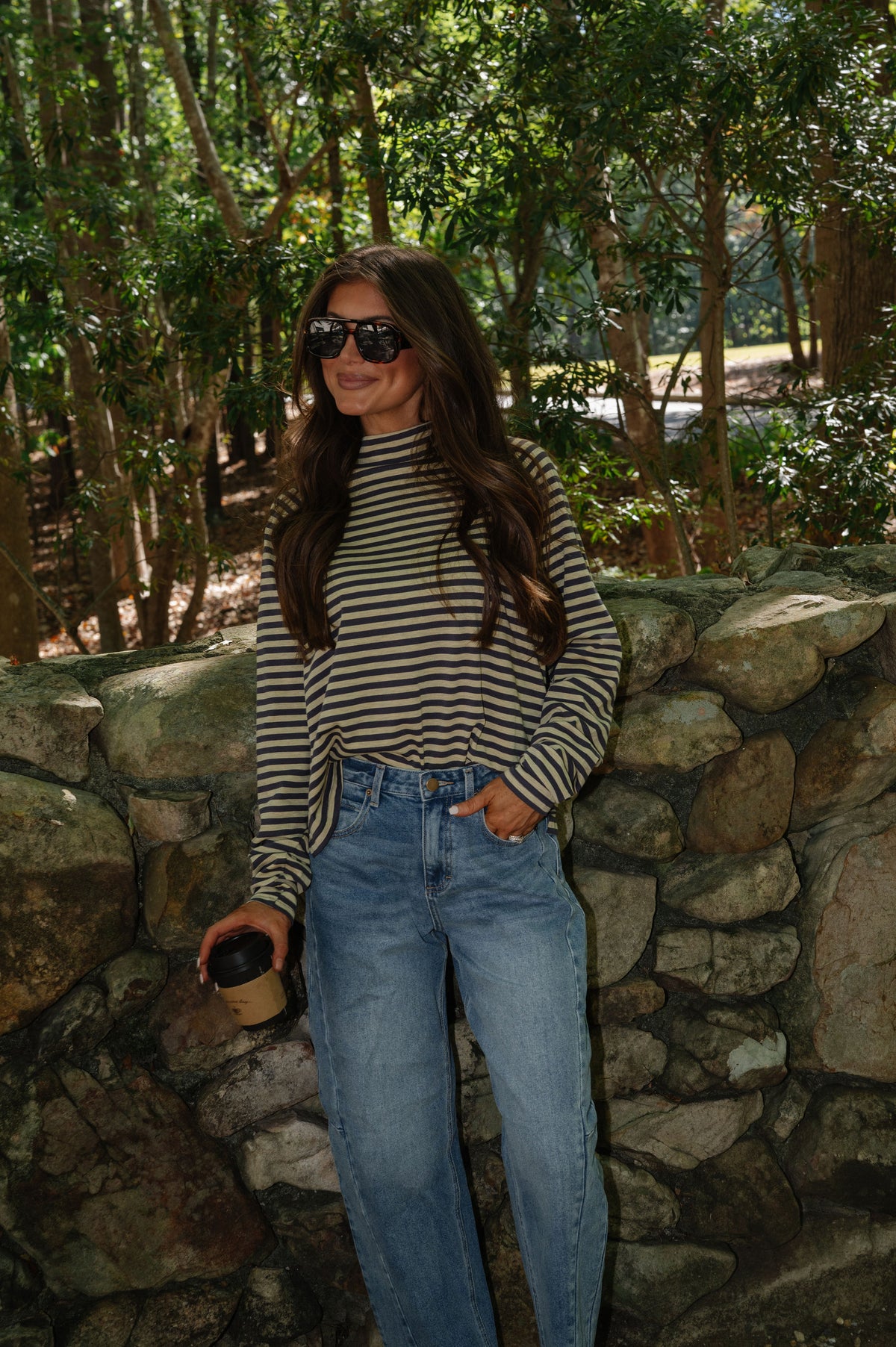 Kinley Stripe Mock Neck Top-Butter/Slate Grey