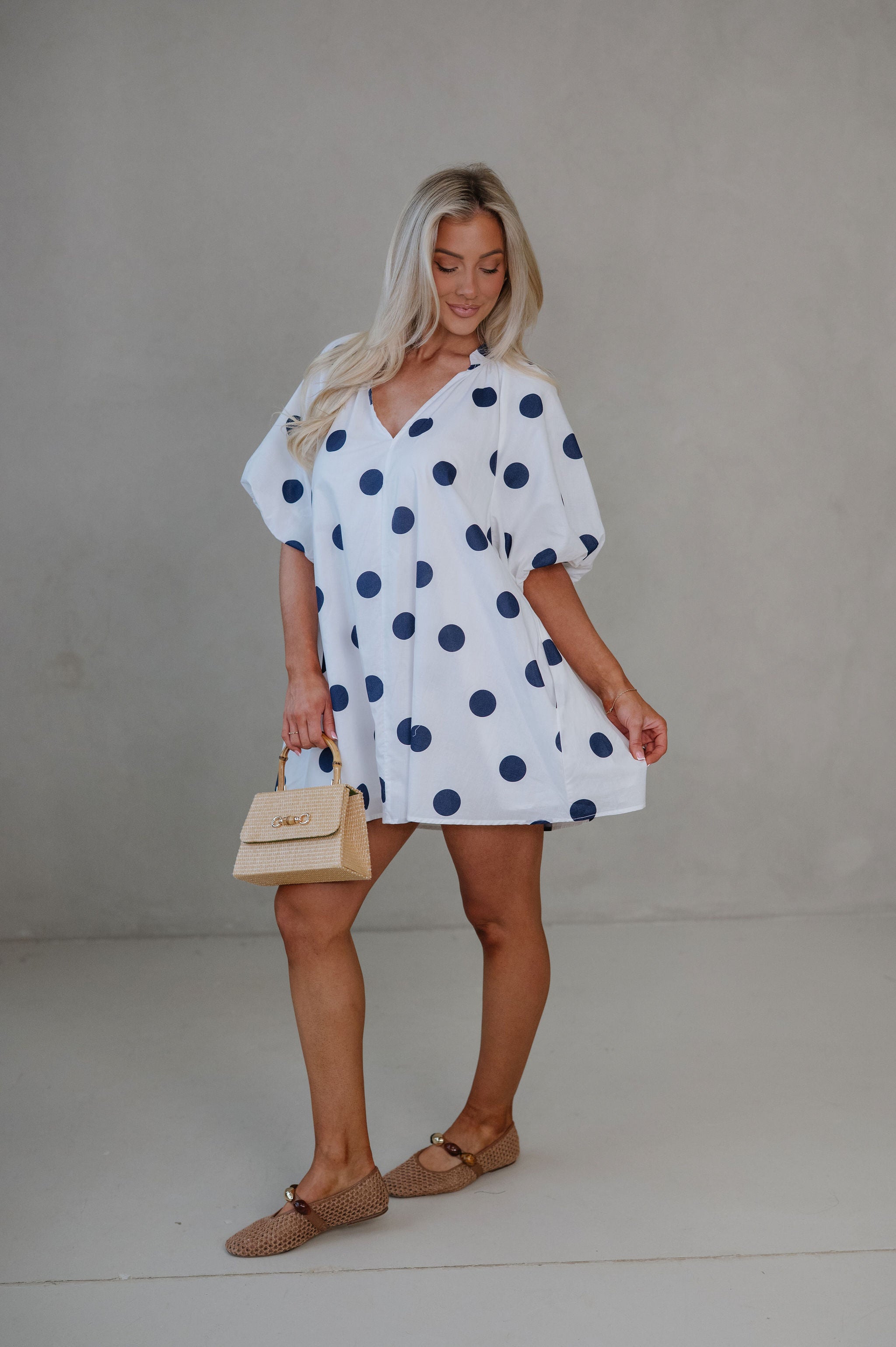 Devyn Polka Dot Mini Dress-Navy