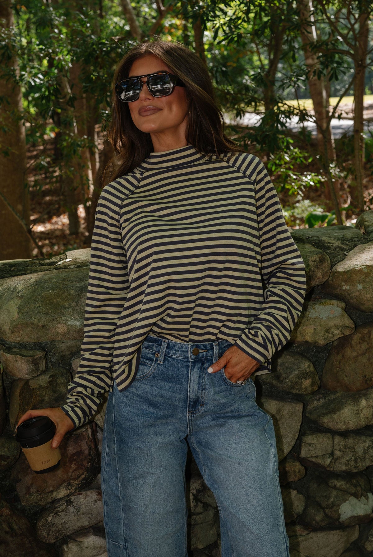 Kinley Stripe Mock Neck Top-Butter/Slate Grey