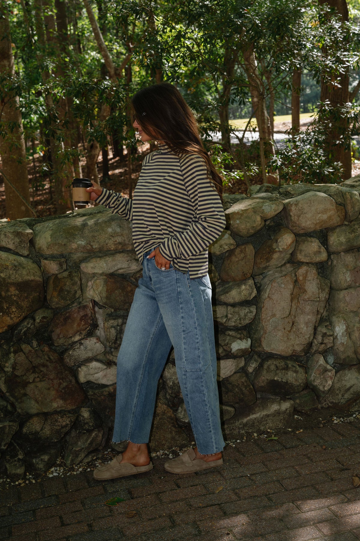 Kinley Stripe Mock Neck Top-Butter/Slate Grey