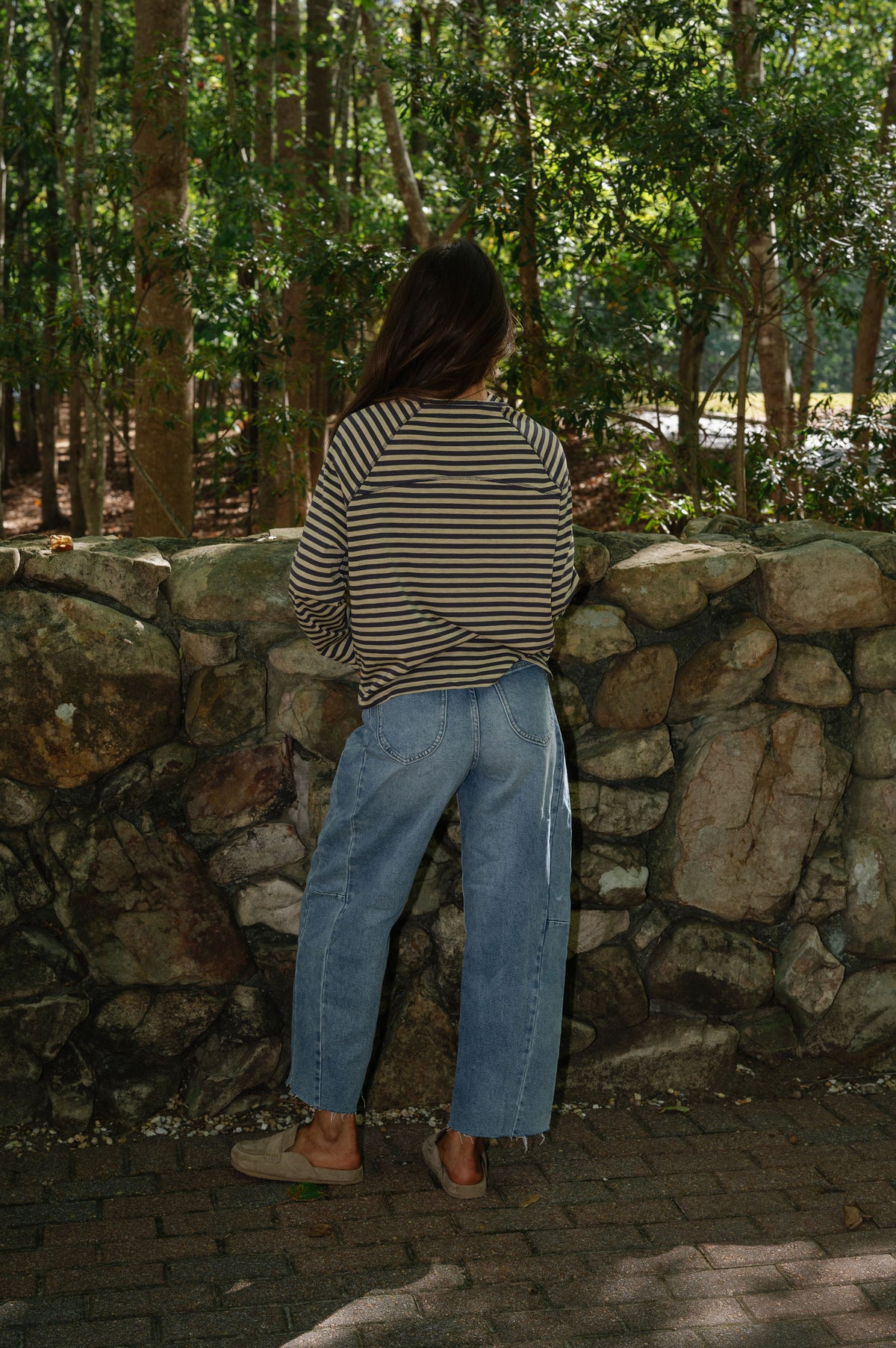 Kinley Stripe Mock Neck Top-Butter/Slate Grey