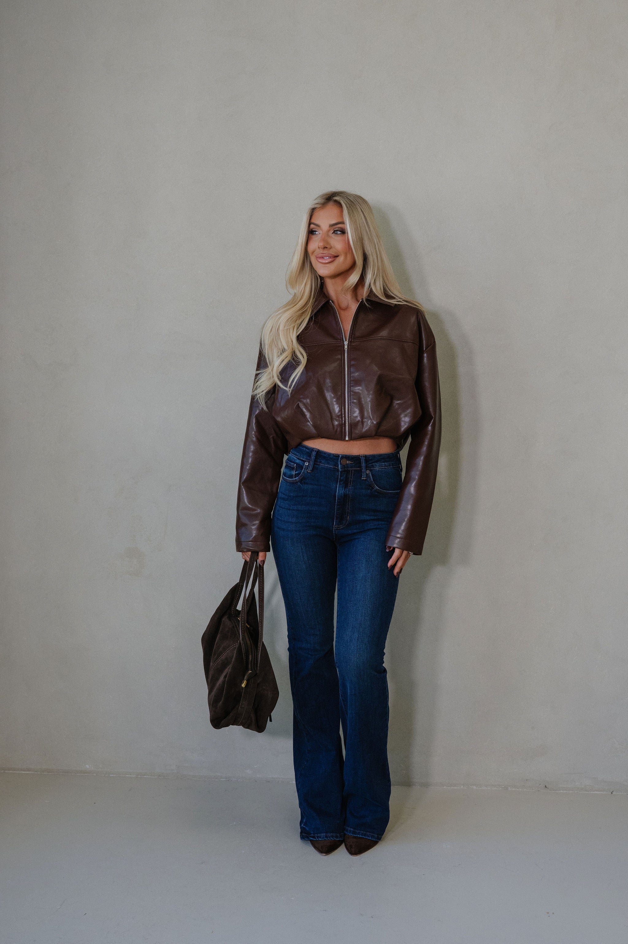 Leather Pleated Bubble Hem Jacket-Chocolate Brown