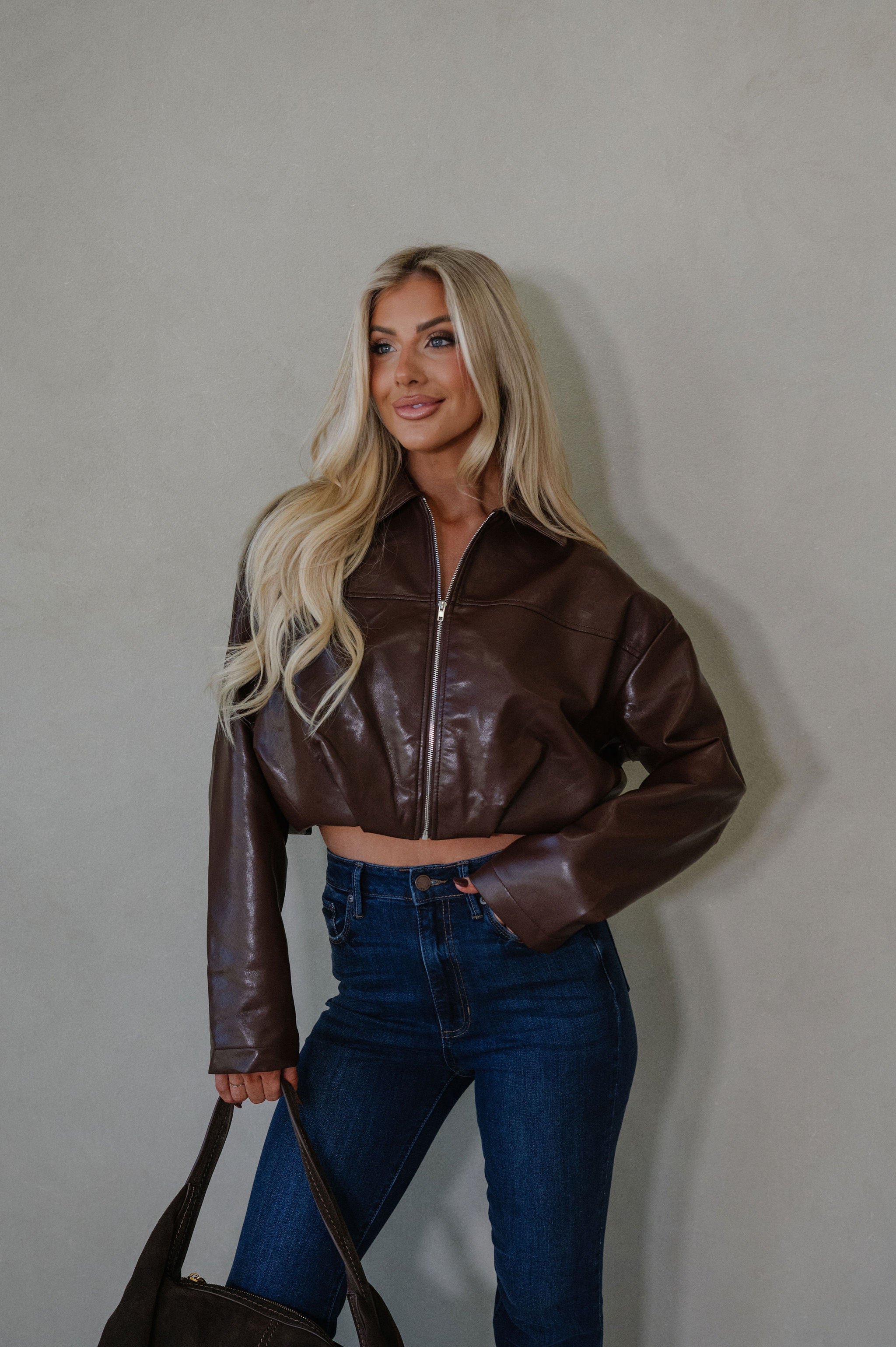 Leather Pleated Bubble Hem Jacket-Chocolate Brown
