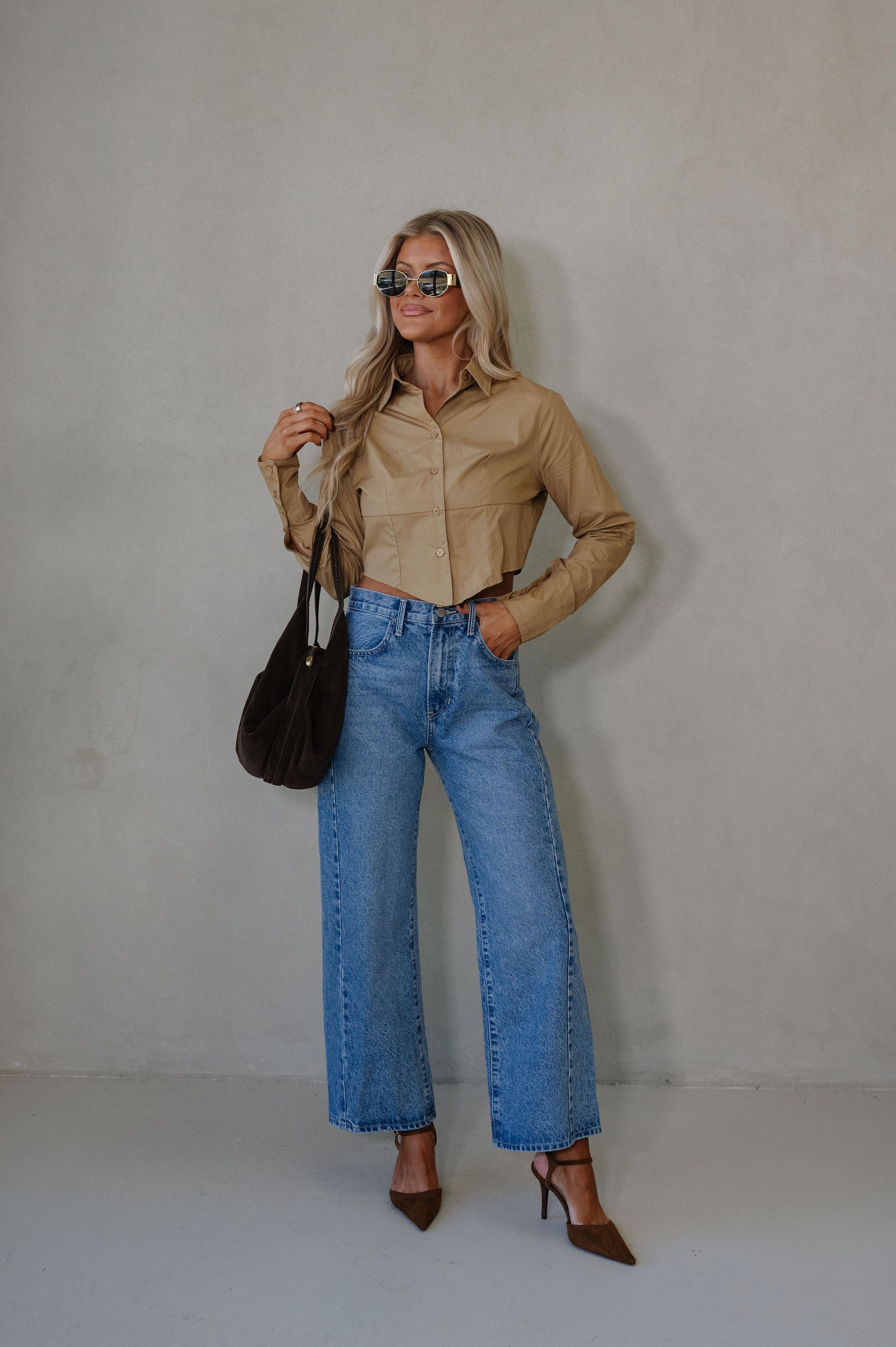 Lou Button Down Top-Khaki