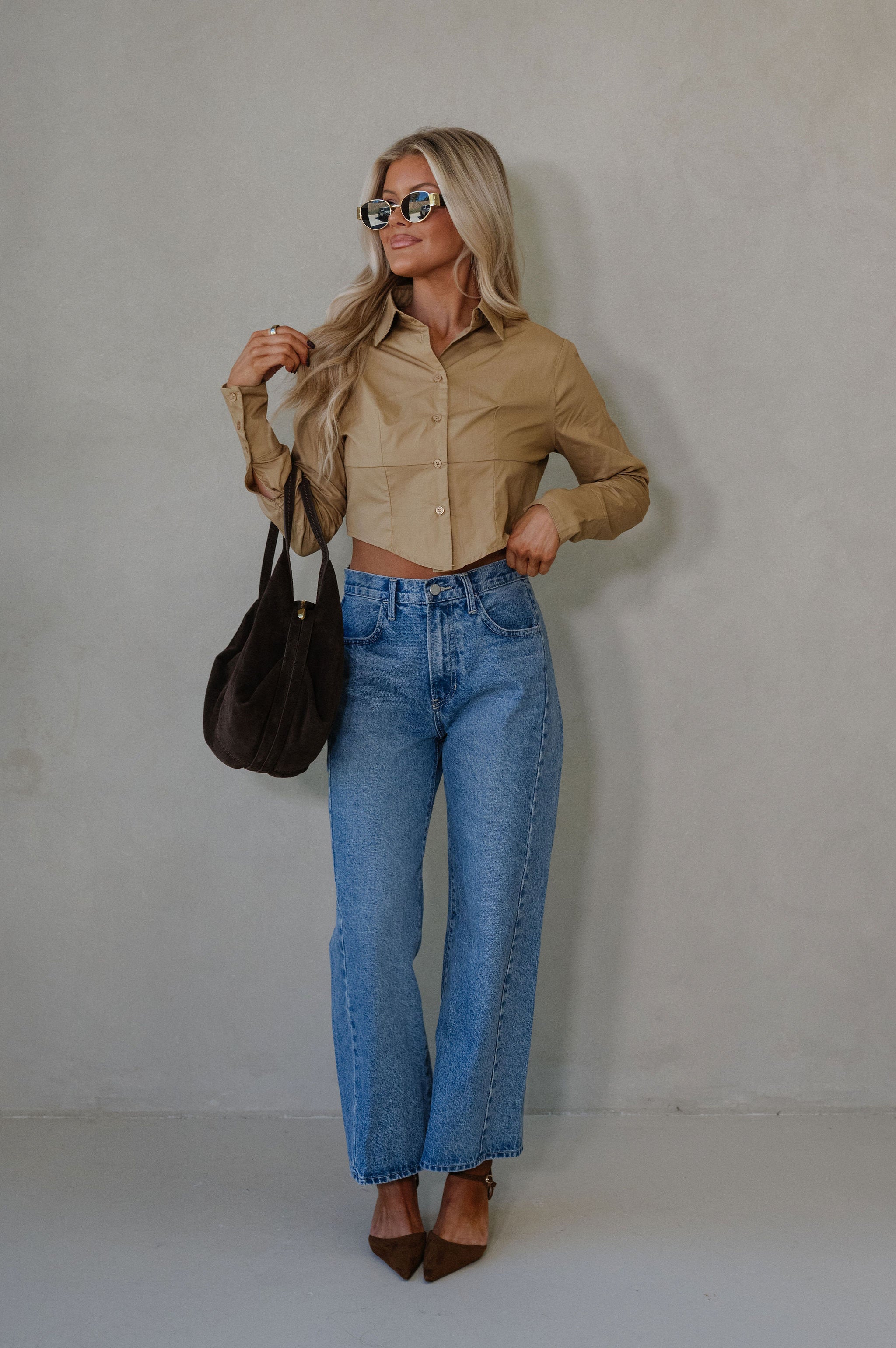 Lou Button Down Top-Khaki
